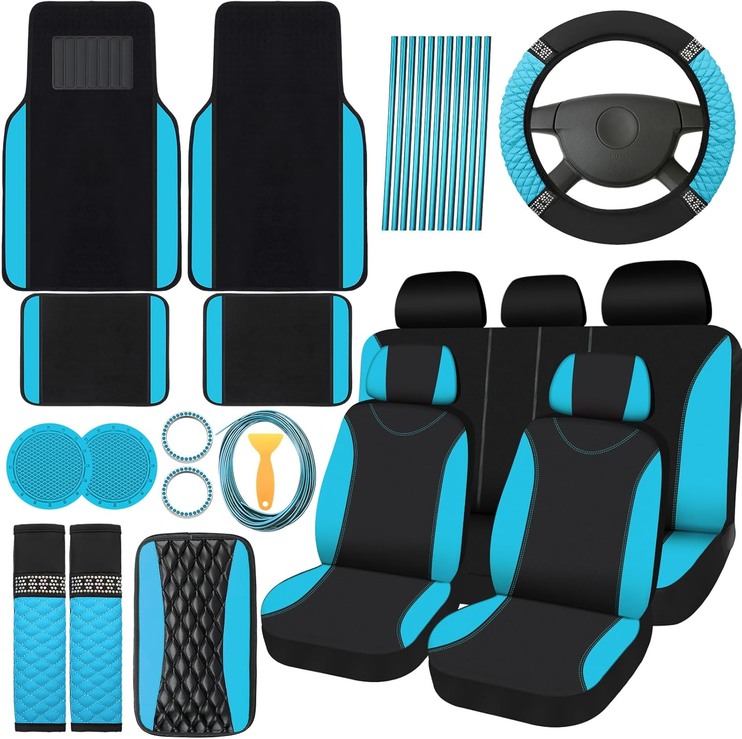 BBTO 43 Pcs Bling Car Accessories Set for Women Front Seats and Rear Bench Polyester Car Seat Protectors Wheel Cover Seat Floor Mats Full Crystal Automotive Interior Decor(Blue, Black)