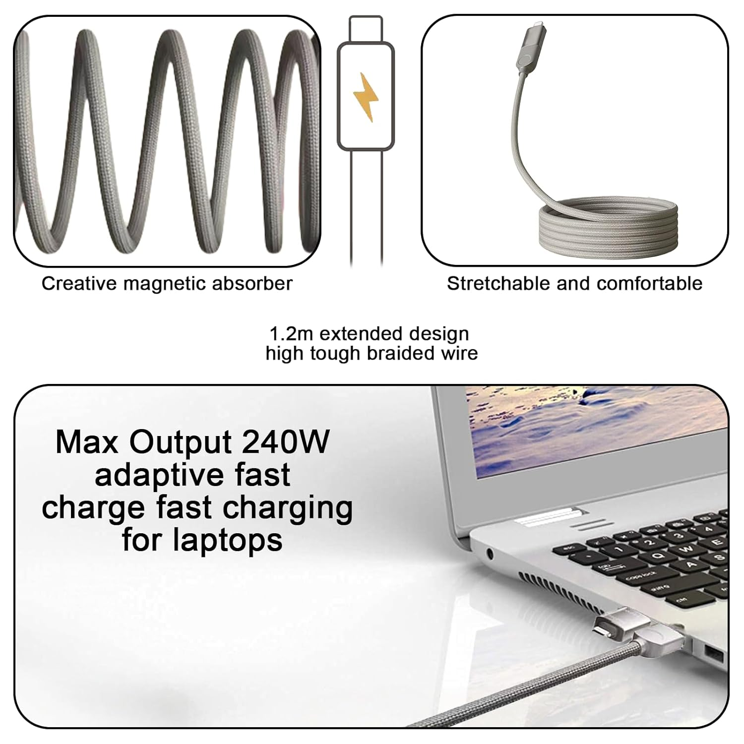 Magnetic USB C Cable -Automatic Coiled, Coiled 240W 4-In-1 Multi Charging Cable (1.2M), USB A/C to C/L, Fast Charger for Iphone 16/15/14 Pro Max, Macbook, Ipad, Samsung S24 & More image number 2