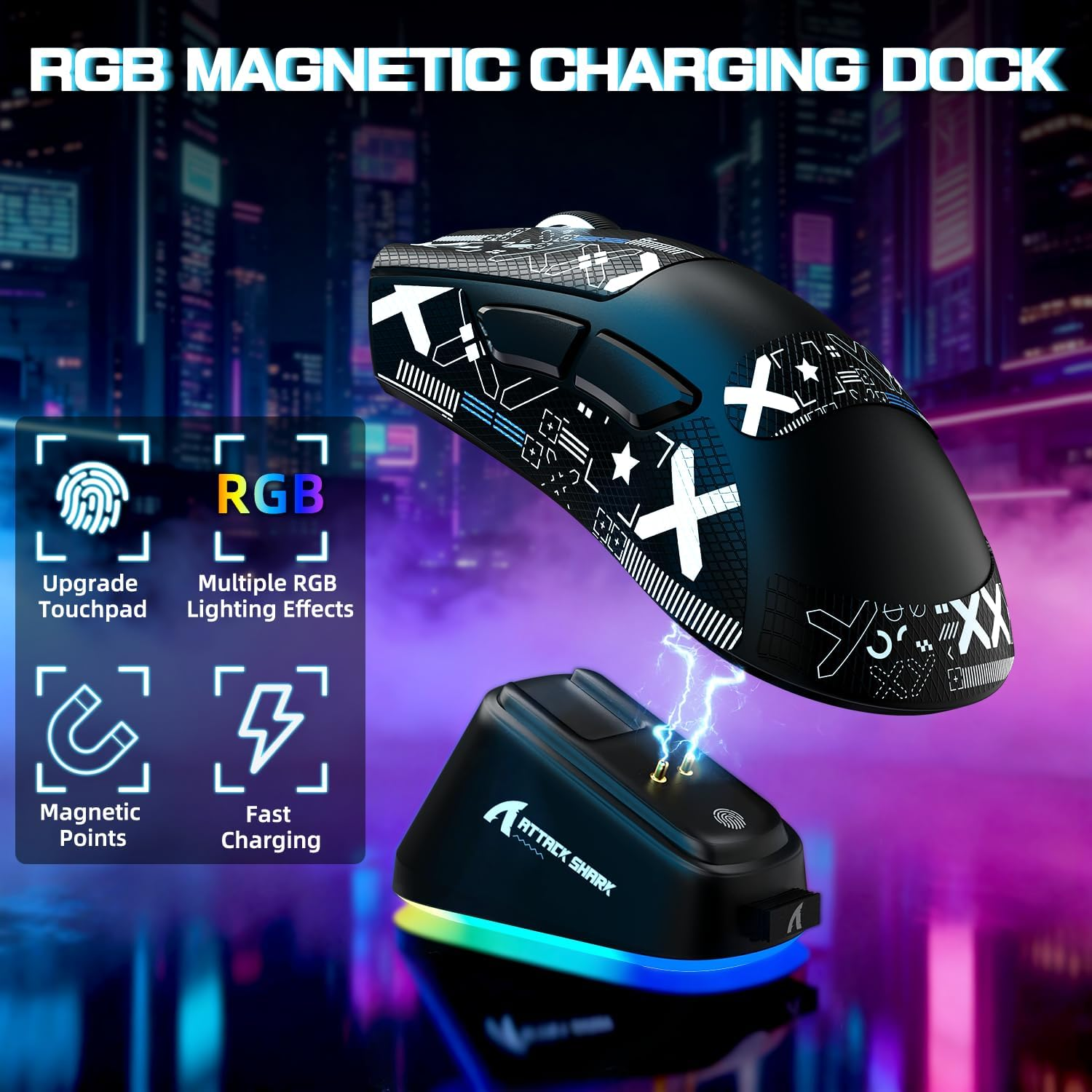 ATTACK SHARK V3Pro Wireless Esports Gaming Mouse with Magnetic Charging Dock:62G Lightweight-1K Polling-25K DPI-PAW3311 Sensor,Wired/Bt/2.4Ghz Programmable,Bk52820 IC for PC Laptop Gamer(Black+Tape) - Black+Tape image number 4