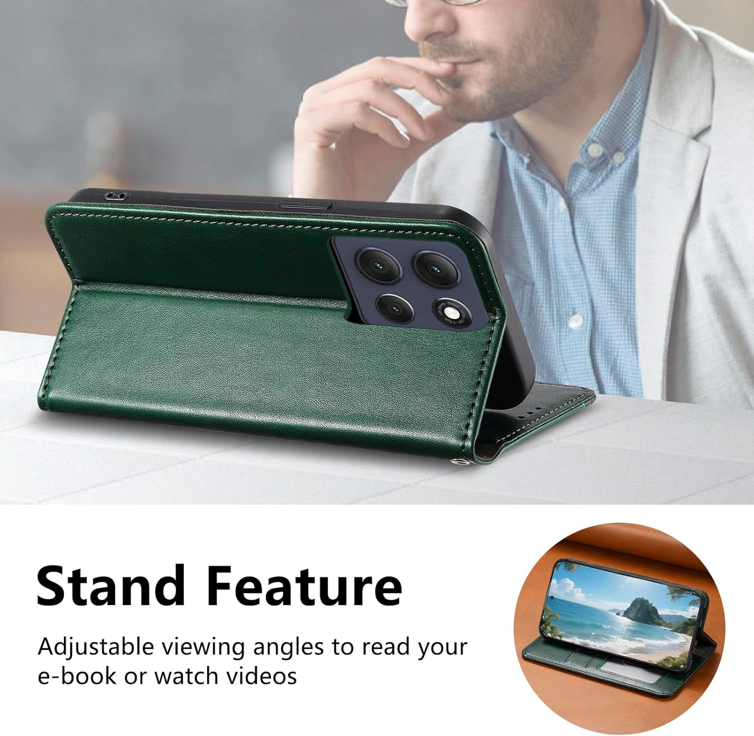 GOKEN Case for Motorola Moto G86 Power - Premium PU Leather Flip Mobile Phone Case with Card Slot & Stand Function, Shockproof Protective Case, Silicone Inside, Magnetic Closure, Green image number 4