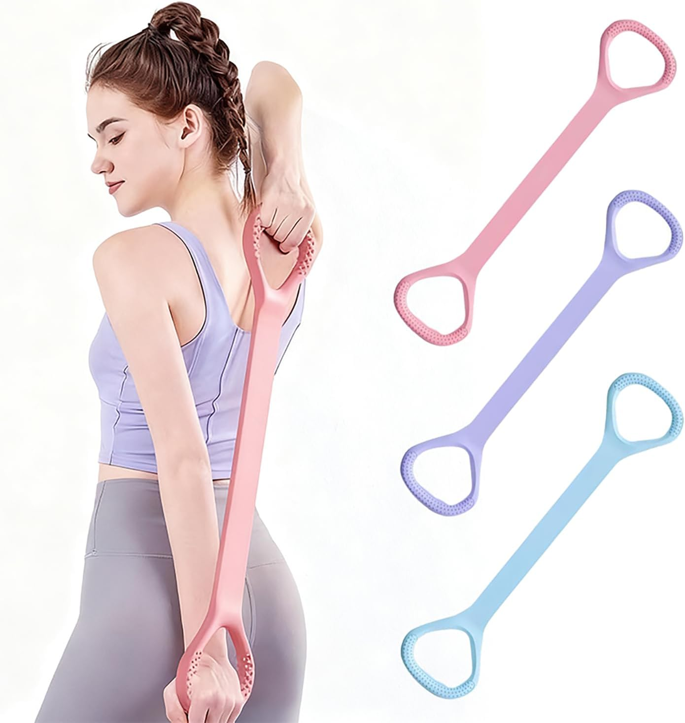 3Pcs 8-Shaped Resistance Bands with Handles, Portable Exercise Bands,Stretch Bands, Open Back Body Shaping, Length 44Cm(Light Pink/Purple/Blue) image number 1