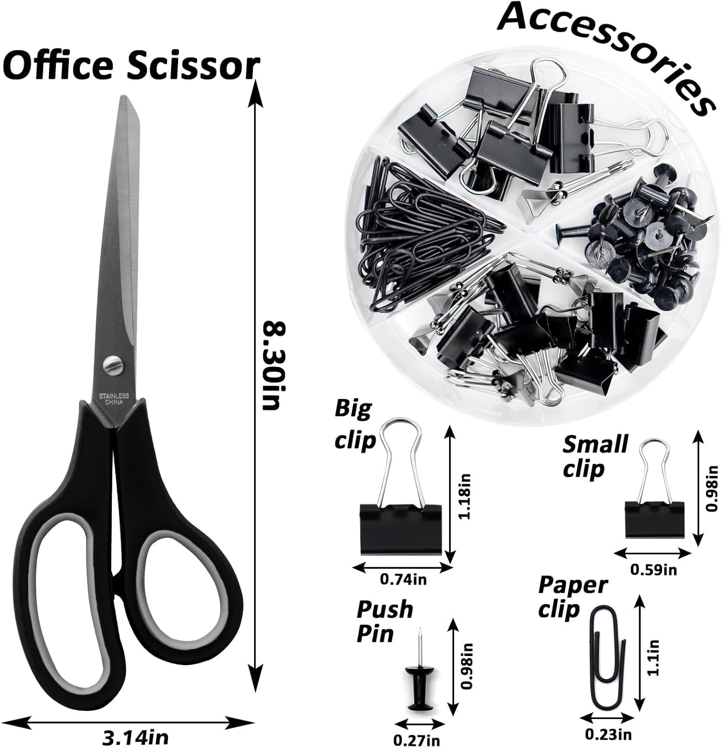 Bytebliss Black Desk Accessories Kit - Stapler, Tape Dispenser, Scissors, Clips & Tabs - Office, School & Travel - Classic Style image number 4