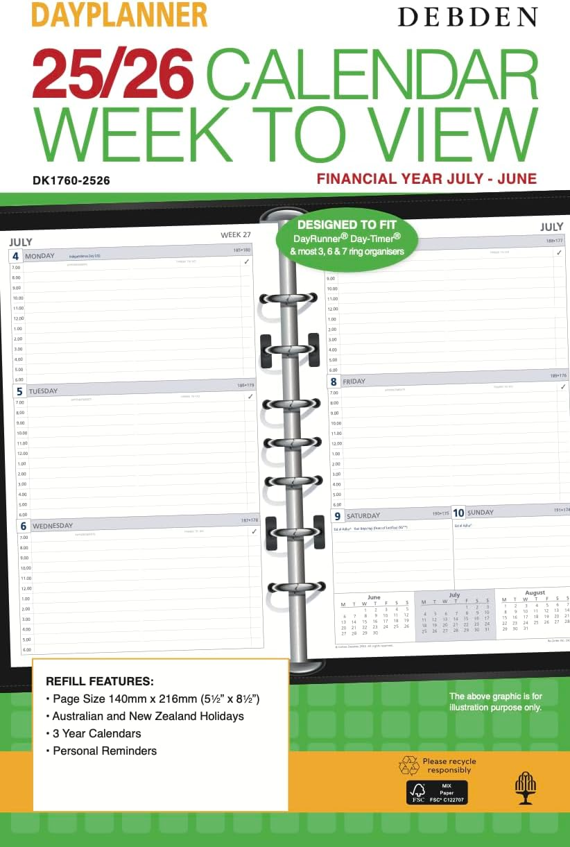 Collins Day Planner - Refill - Desk (216 X 140Mm) Week to View Financial Year 2025-2026