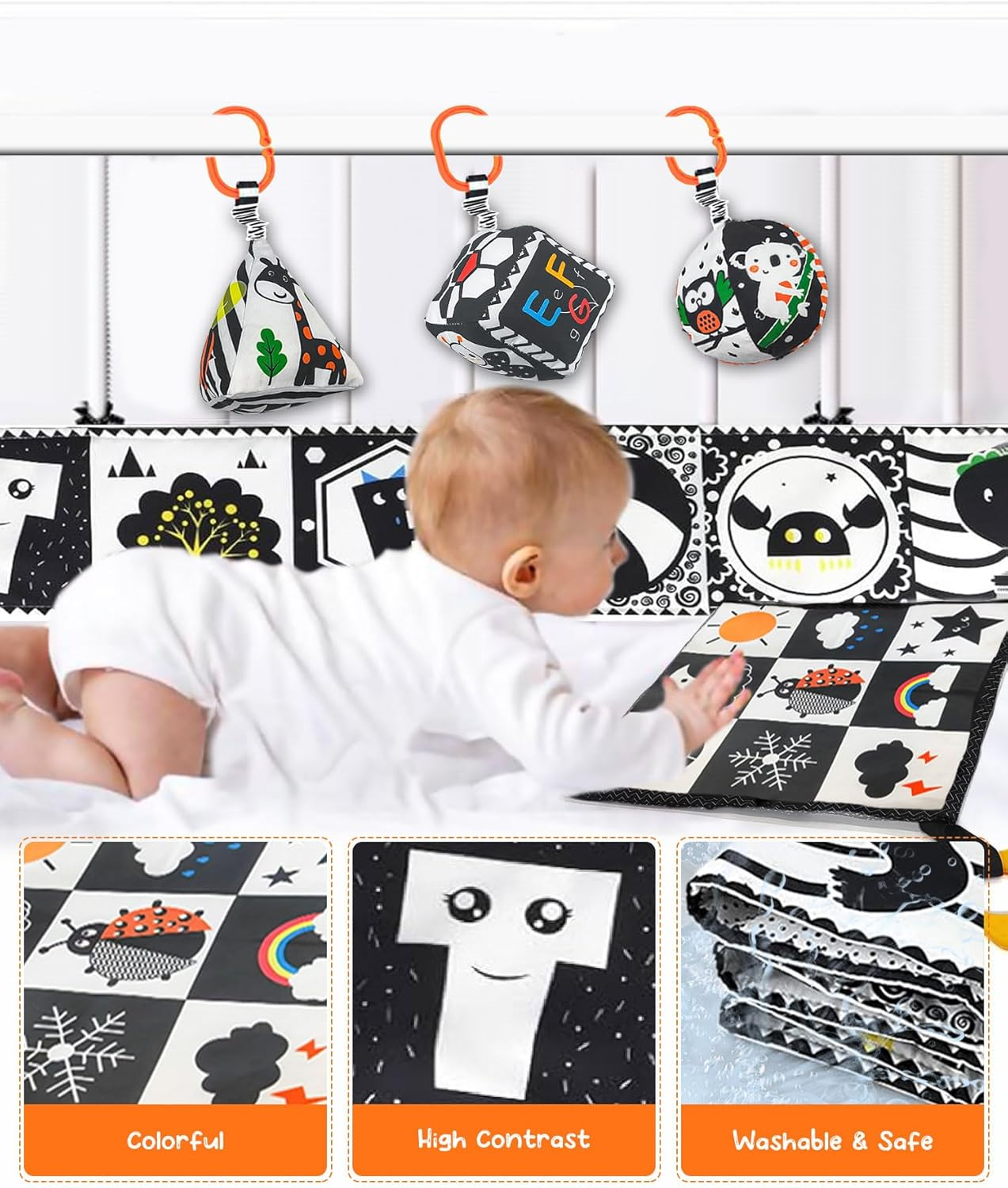 Newborn Toys - 5 Pcs Black and White High Contrast Baby Toys 0-3 Months, Babies Sensory Soft Book, Infant Tummy Time Toys 0 6 9 Months Baby Gifts - Baby Brain Development Essentials