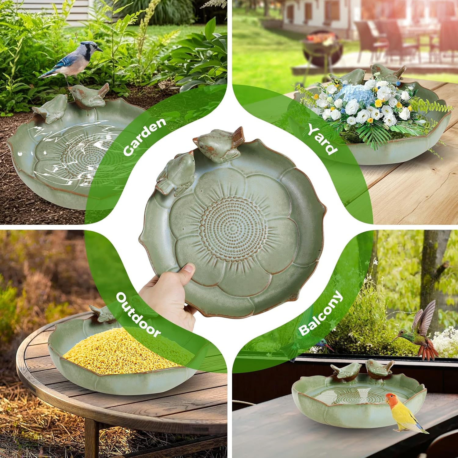 Ceramic Bird Bath, Weather Resistant Bird Feeder Bowl for Garden Table Top Deck Balcony and Lawn image number 4