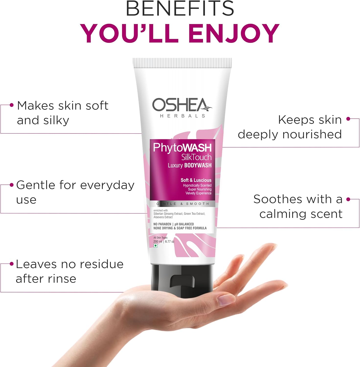 Oshea Herbals Phytowash Silk Touch Luxury Bodywash I Soft & Luscious I Super Nourishing I Enriched with Siberian Ginseng Green Tea & Aloevera Extract I 200Ml