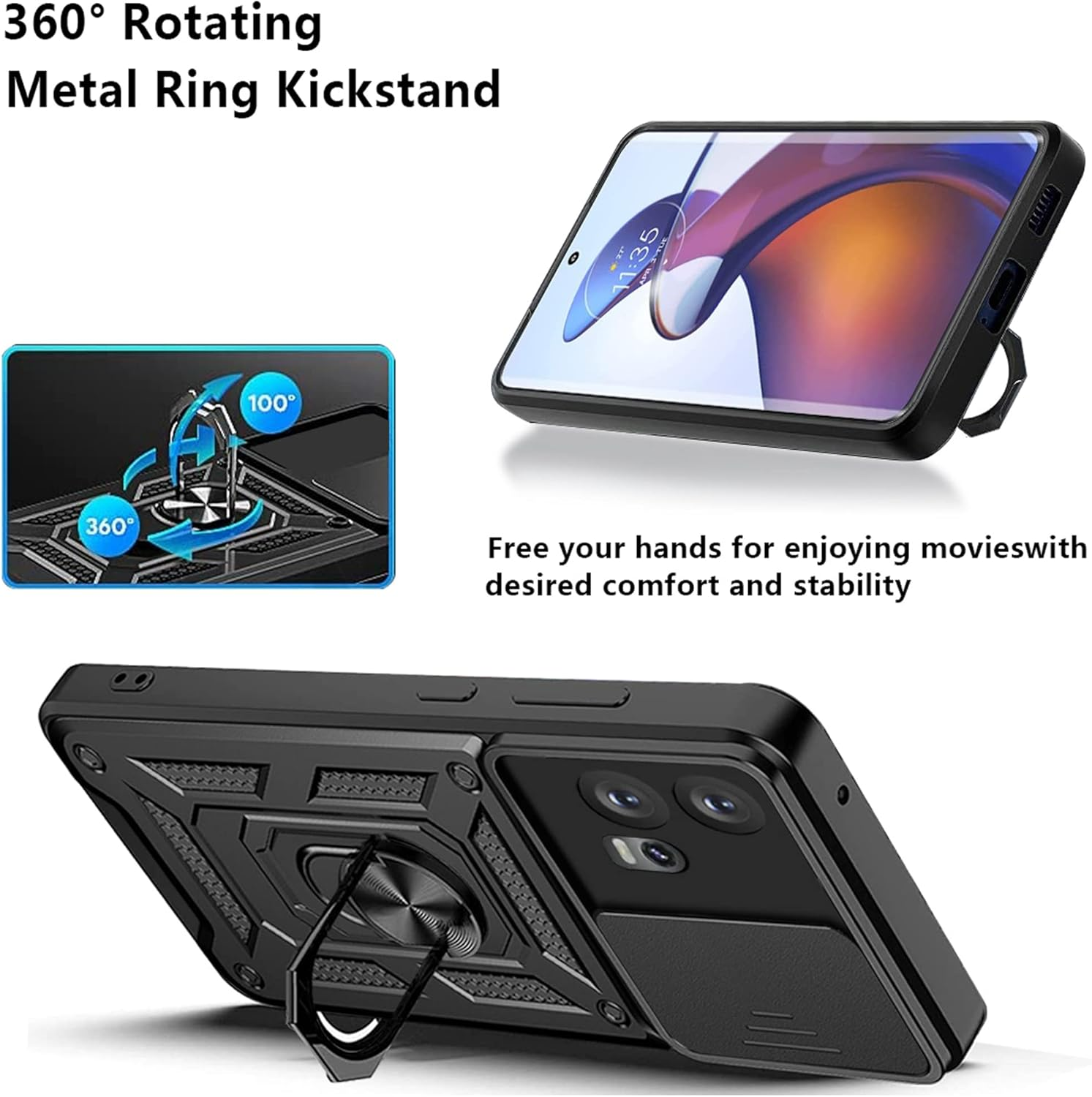 ESTH&reg; Case for Motorola Edge 30 Fusion with Slide Camera Cover, Military Grade Shockproof Protective Cover with Rotatable Metal Ring Kickstand [Support Magnetic Car Mount], Red image number 6