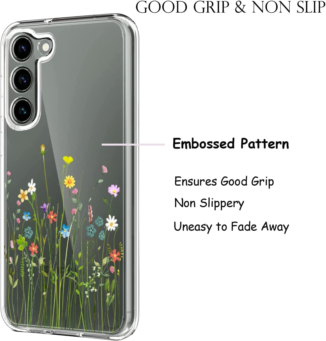 Unov Case Compatible with Galaxy S23 Case Clear with Design Soft TPU Shock Absorption Slim Embossed Pattern Protective 6.1 Inch (Flower Bouquet) - Rainbow Dinosaur image number 7