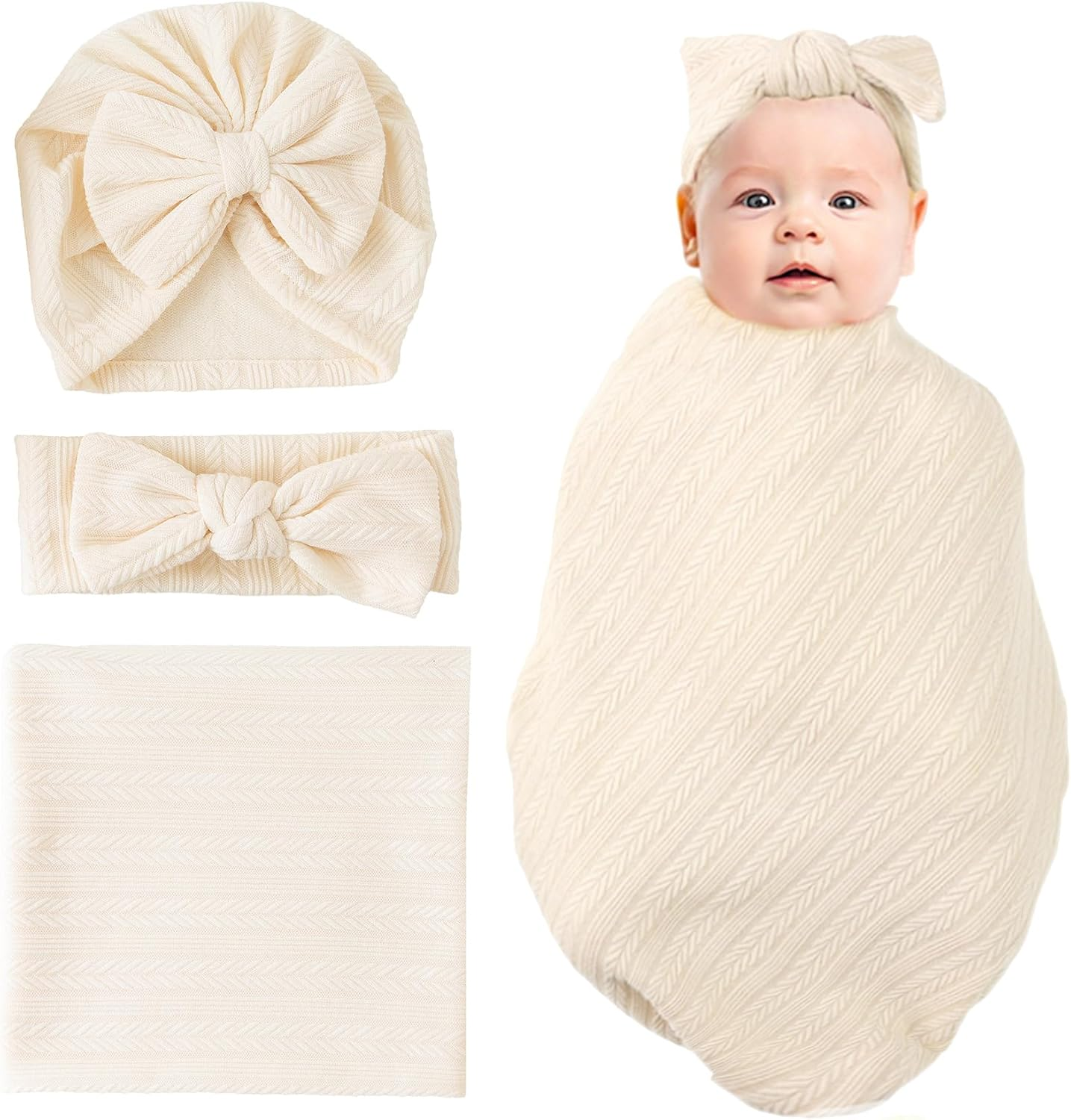Jastore Baby Infant Swaddle Blankets for Girls 3PCS Newborn Accessories Set with Matching Hat and Bow Headband (Beige, 33"*35")