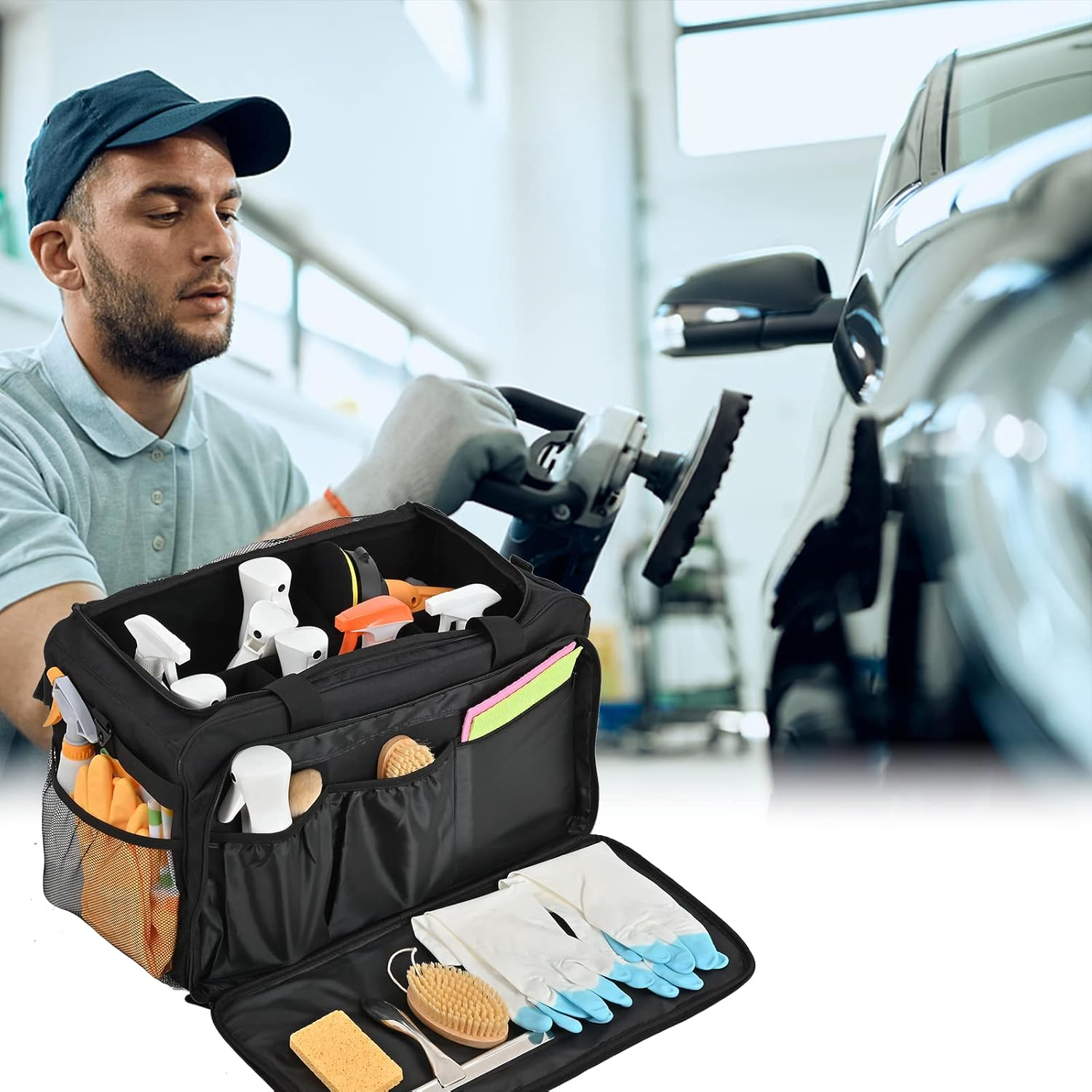 Jaffzora Extra Large Car Detailing Bag, Cleaning Caddy for Auto Detailing Supplies, Car Cleaning Storage Trunk Organizer for Polisher and Vehicle Wash Tools, Black&hellip; image number 5