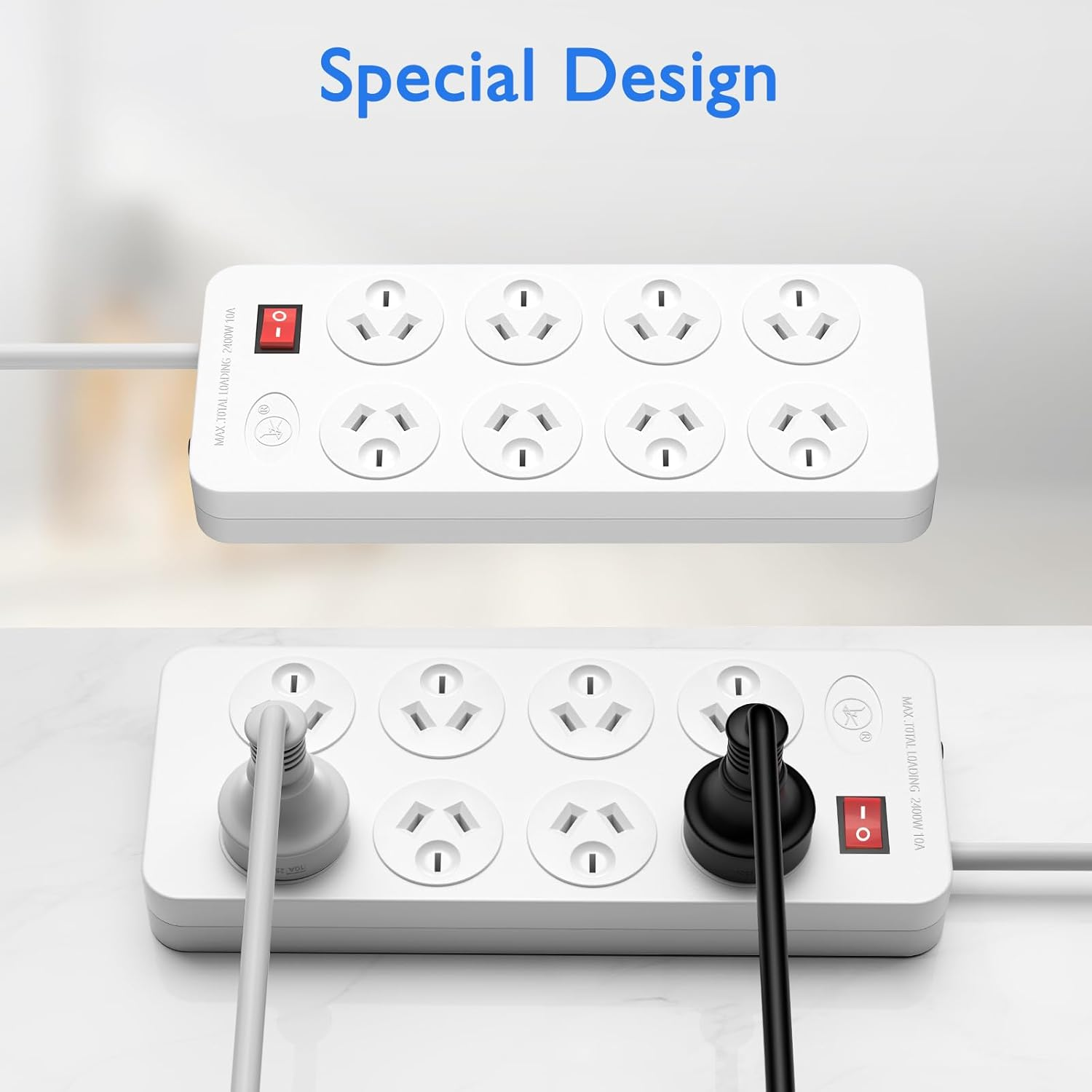 Powerboard, Power Strip with Switch,2M Extension Power Cord, 2400W/10A,Surge Protector with 8 AC Outlets,Wall Mountable, for Home Office image number 3