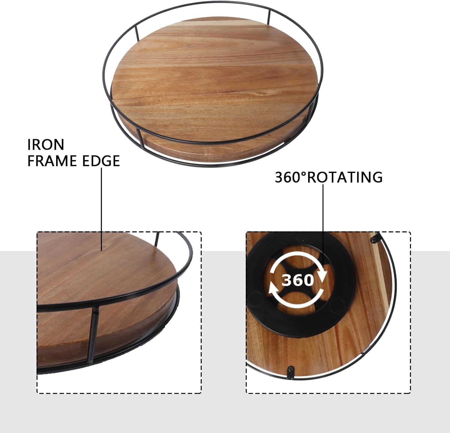 Dxzephious 11.5" Acacia Wood Lazy Susan Turntable, Kitchen Organizer 360 Degree Turntable with Steel Sides, Turntable for Countertop Cabinet or Dining Table,Lazy Susan for Table Top image number 1