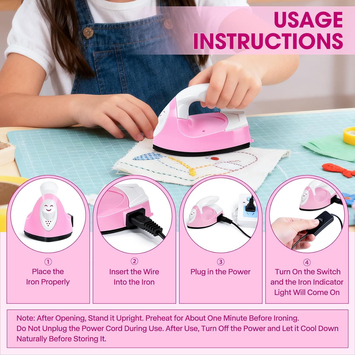 Mini Craft Iron, Pink Mini Heat Press Machine, Portable Travel Handy Heat-On for DIY Transfer Projects, Crafting Clothes