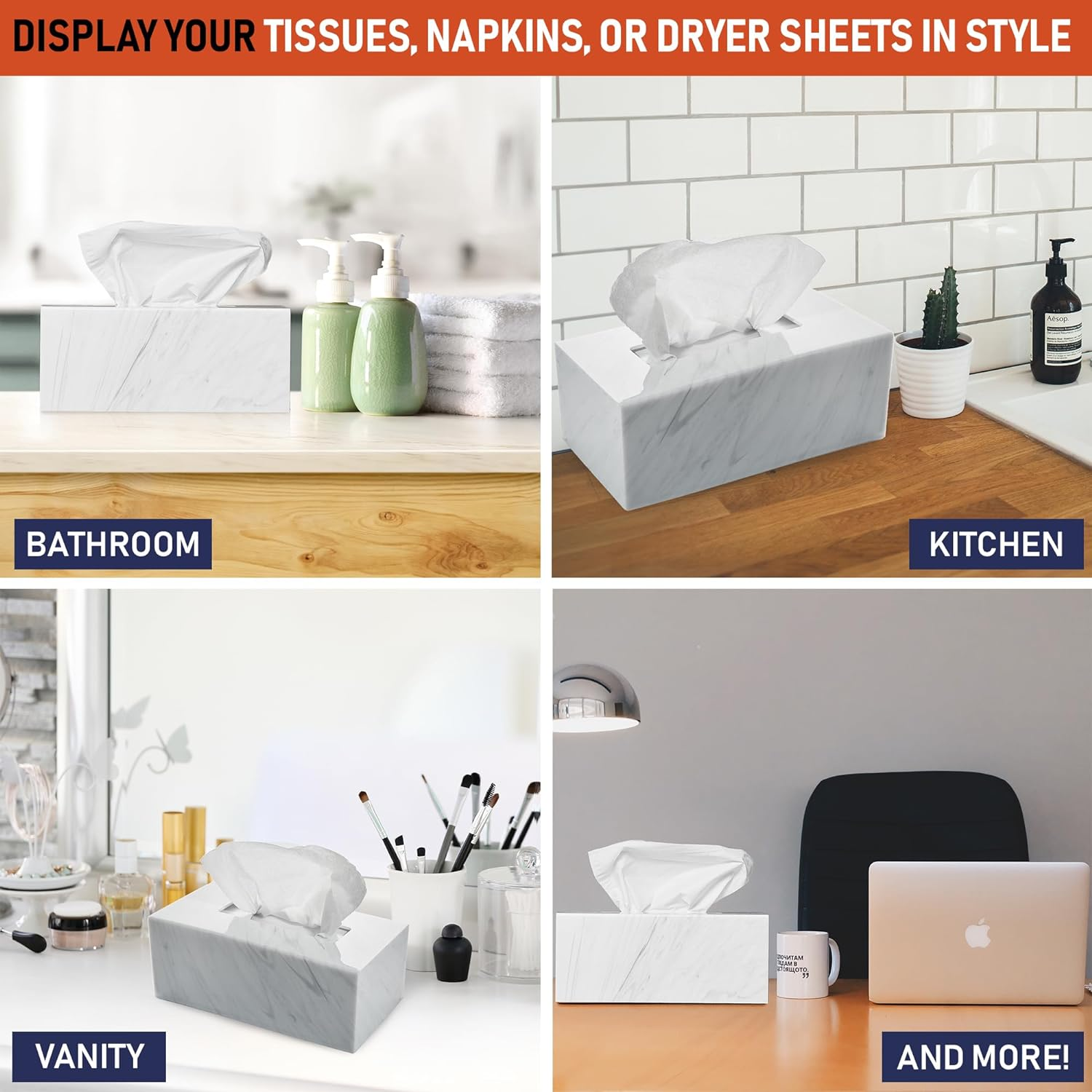 Acrylic Tissue Box Holder, Clear Tissue Box Dispenser for Facial Tissue, Napkins, Dryer Sheets. Perfect Cover for Bathroom, Desks, Countertops, Vanity, Bedroom, Night Stands (Rectangle, Marble) image number 7