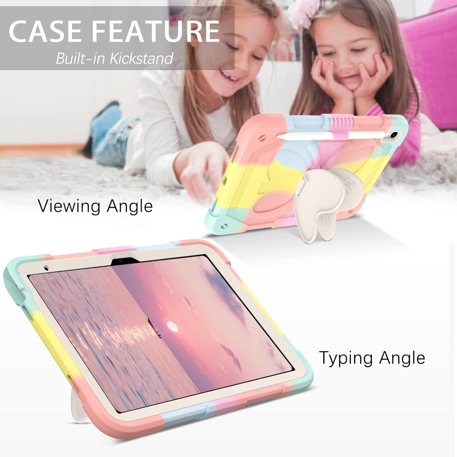 DUEDUE Ipad(A16) 11Th Generation 11 Inch 2025 Case, Ipad 10Th Generation 10.9 Inch 2022 Case, Butterfly Wings Kickstand Heavy Duty Shockproof Protective Tablet Case for Kids, Rainbow image number 4