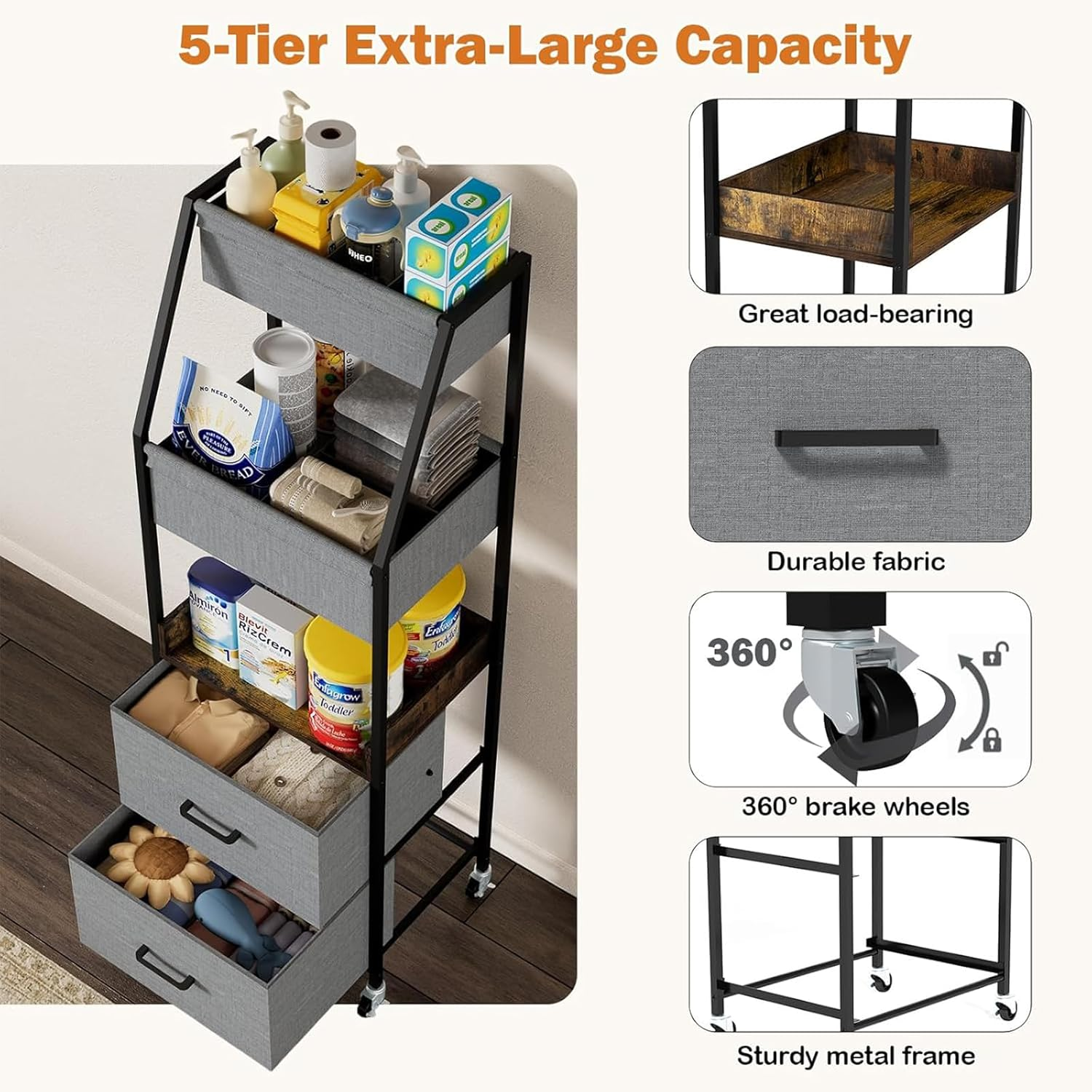 Baby Diaper Caddy Organizer and Storage - 5 Tier Rolling Cart with Dividers and Drawers, Mobile Utility Cart with Wheels for Nursery, Bedroom, Changing Table & Crib, Grey image number 4