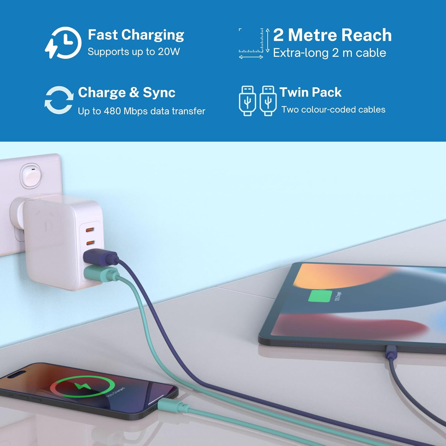 Laser Twin Pack 2M Mfi Lightning to USB-A Charging Cables | Extra Long Apple-Certified Iphone & Ipad Charger Leads (Purple + Green)
