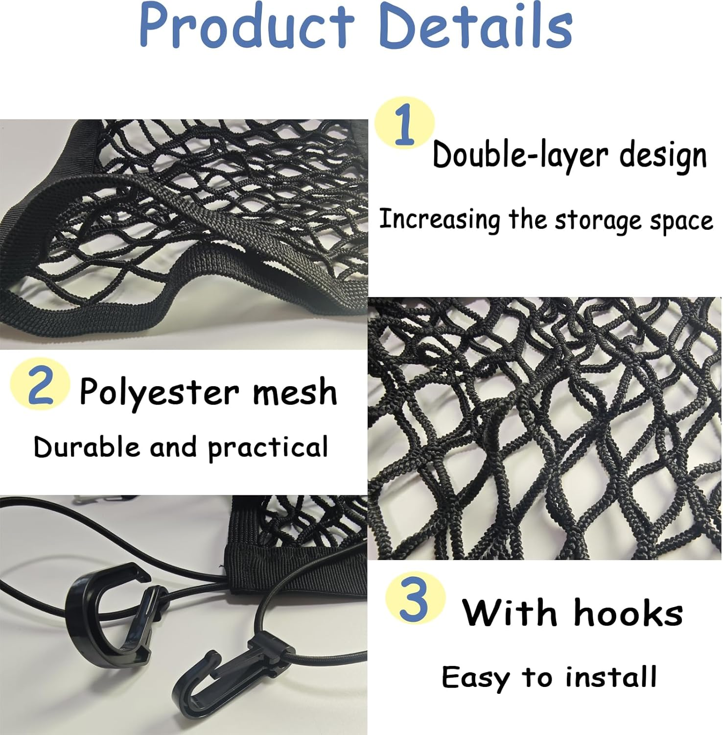 ZMD 2PCS Small Cargo Net for Motorcycle Helmet Storage, 11"X9.8" High-Elastic Double Layer Bungee Net with 4 Strong Hooks, Luggage Strap Rack Expansion Organizer Net Pocket for Motorbike Trike Cycle image number 2