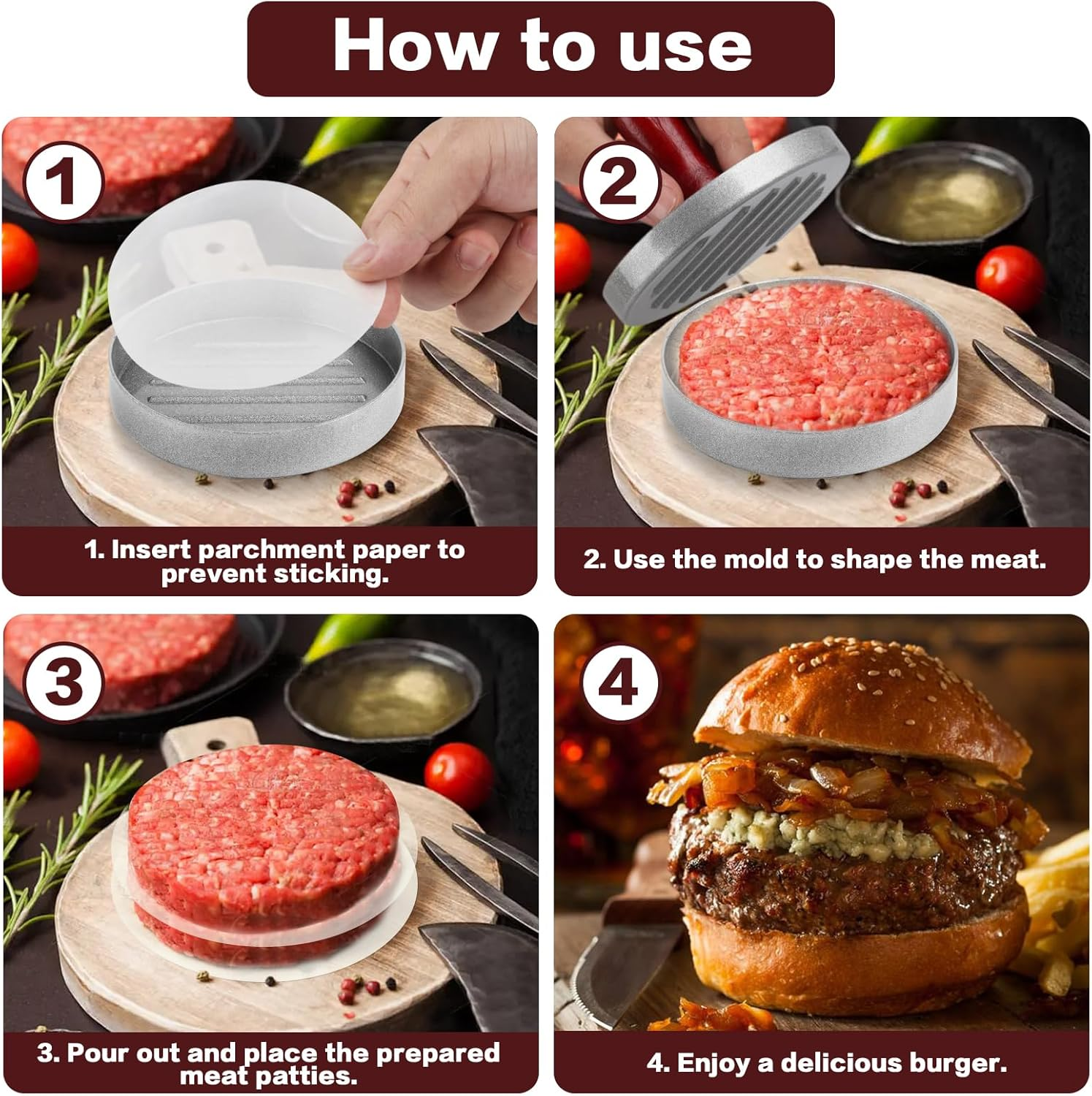 Burger Press, Hamburger Patty Press, Burger Pattie Press, Aluminium Burger Patty Maker Mould, Hamburger Patty Maker Non-Stick for BBQ Patties Hamburger Maker, with 100 Silicone Paper image number 4