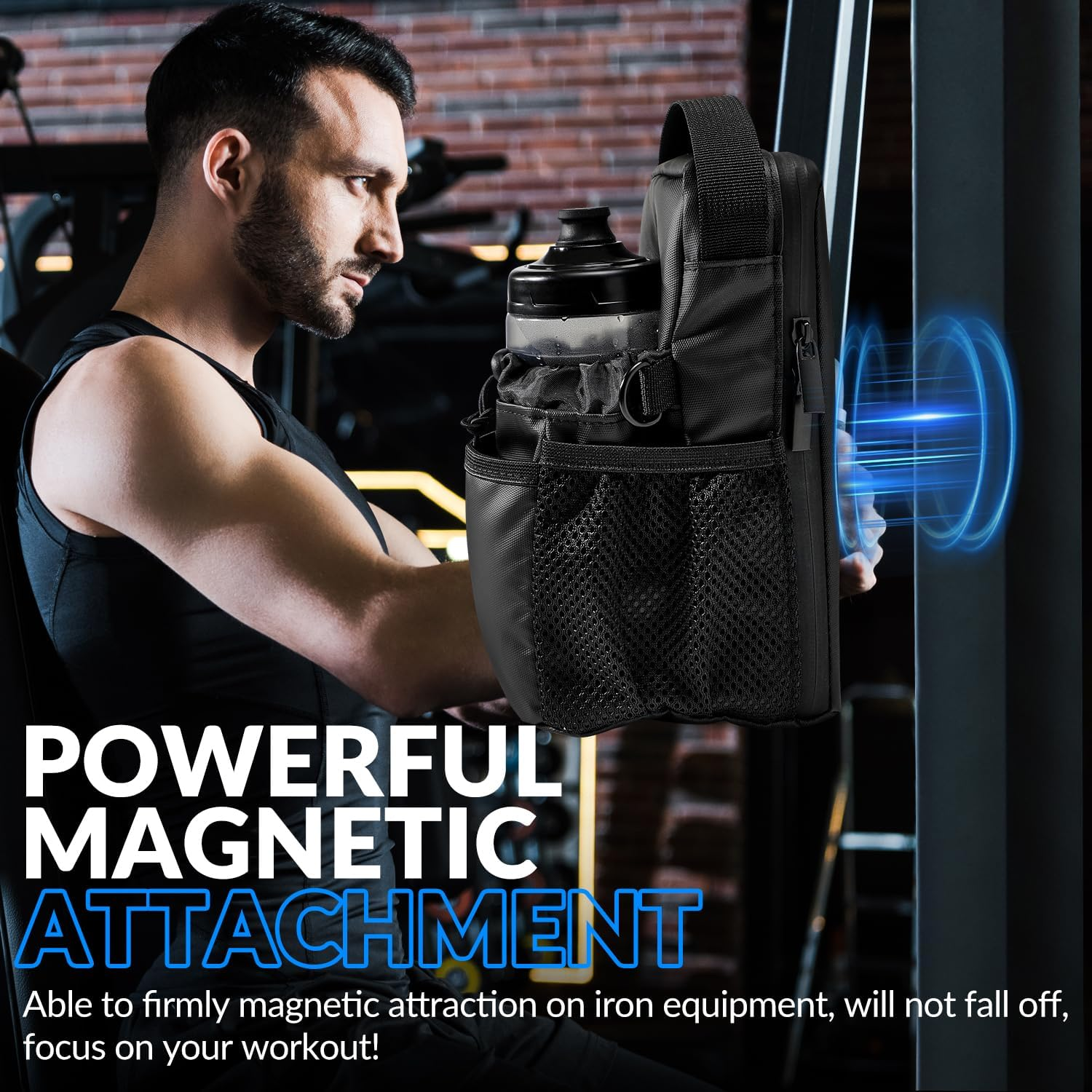 WOTOW Magnetic Gym Bag, Waterproof Zippered Gym Magnetic Bag with Multiple Pockets and Adjustable Shoulder Strap Gym Accessories Organizer for Men and Women Gym Hiking Sports Travel (Black) image number 6