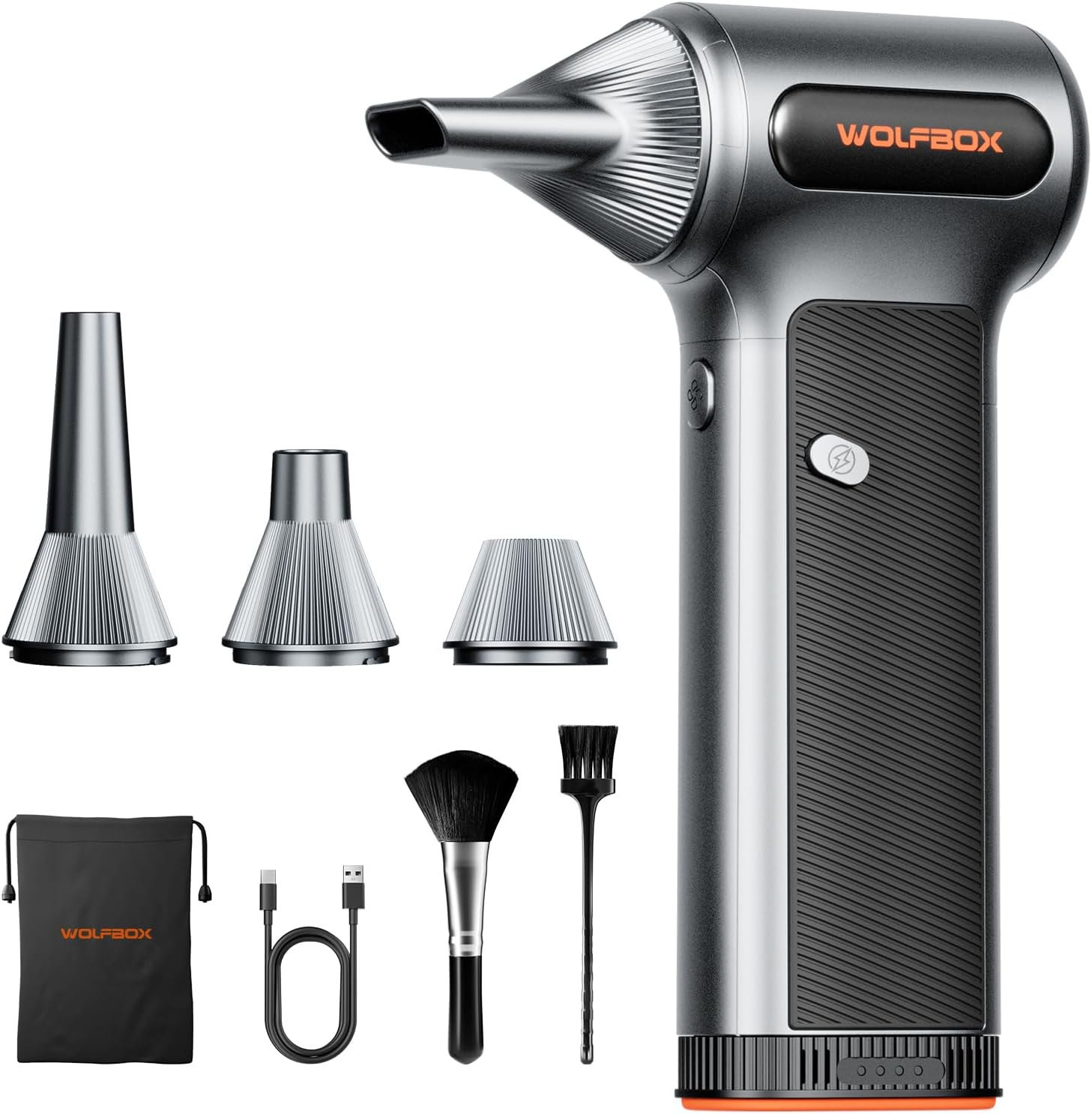 WOLFBOX MF200 Electric Air Duster with Removable Battery, Super Power Cordless Blower - 3-Speed Adjustable, Long Life Mini Air Duster with 4 Nozzles for Computer Keyboard, Car Cleaning, Outdoor Use image number 3