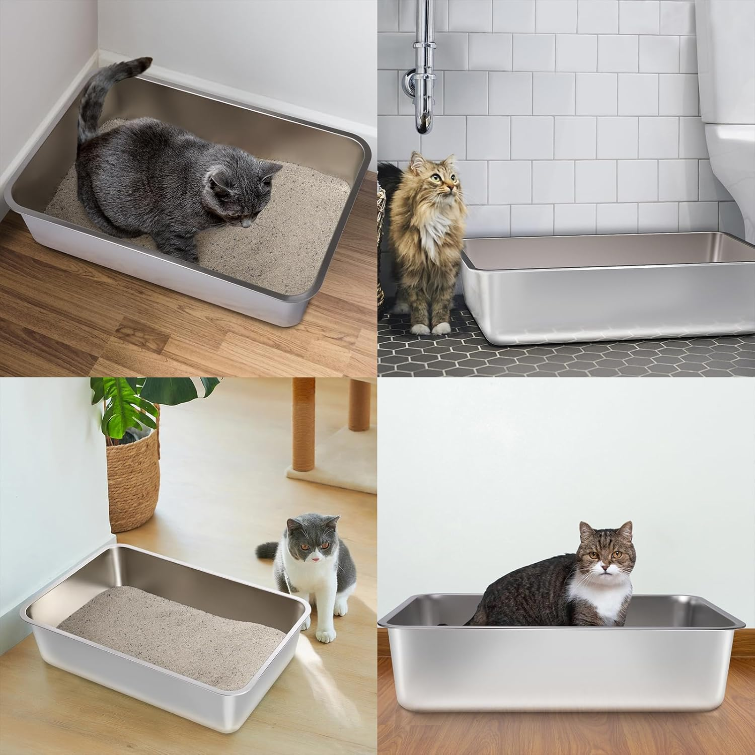 FUTAM Medium Silver Stainless Steel Cat Litter Box 2 Pack, 17.7"X13.8"X6" Easy to Clean, No Smell for Adult Cats image number 4