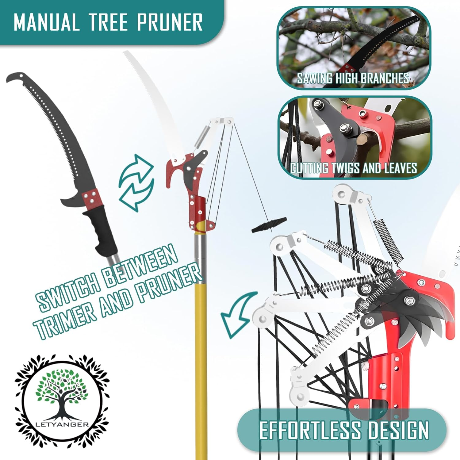 LETYANGER Pole Saws for Tree Trimming, 7.3-27 Ft Extendable Tree Trimmers Long Handle Pruner, Sharp Steel Blade and Scissors High Branches Trimming, Tree Pruner, Tree Saw
