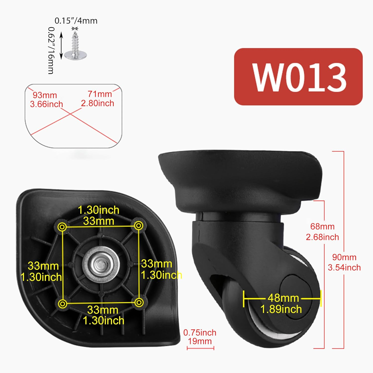 Mxfans 10 X 9.3 X 4.8 Cm W013 Rotating Spinner Left and Right for Luggage, Suitcase, Wheels, DIY Replacement, Black