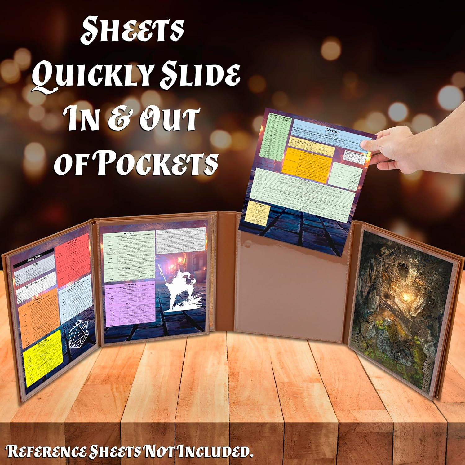 CASEMATIX DM Screen Faux Leather 8-Panel Deluxe GM Screen - Eight Panel Folding Dungeon Master Screen with 2 Swinging Panels and Wet Erase Pockets for Ttrpgs, Inserts Not Included, 47''X11.75'' image number 1