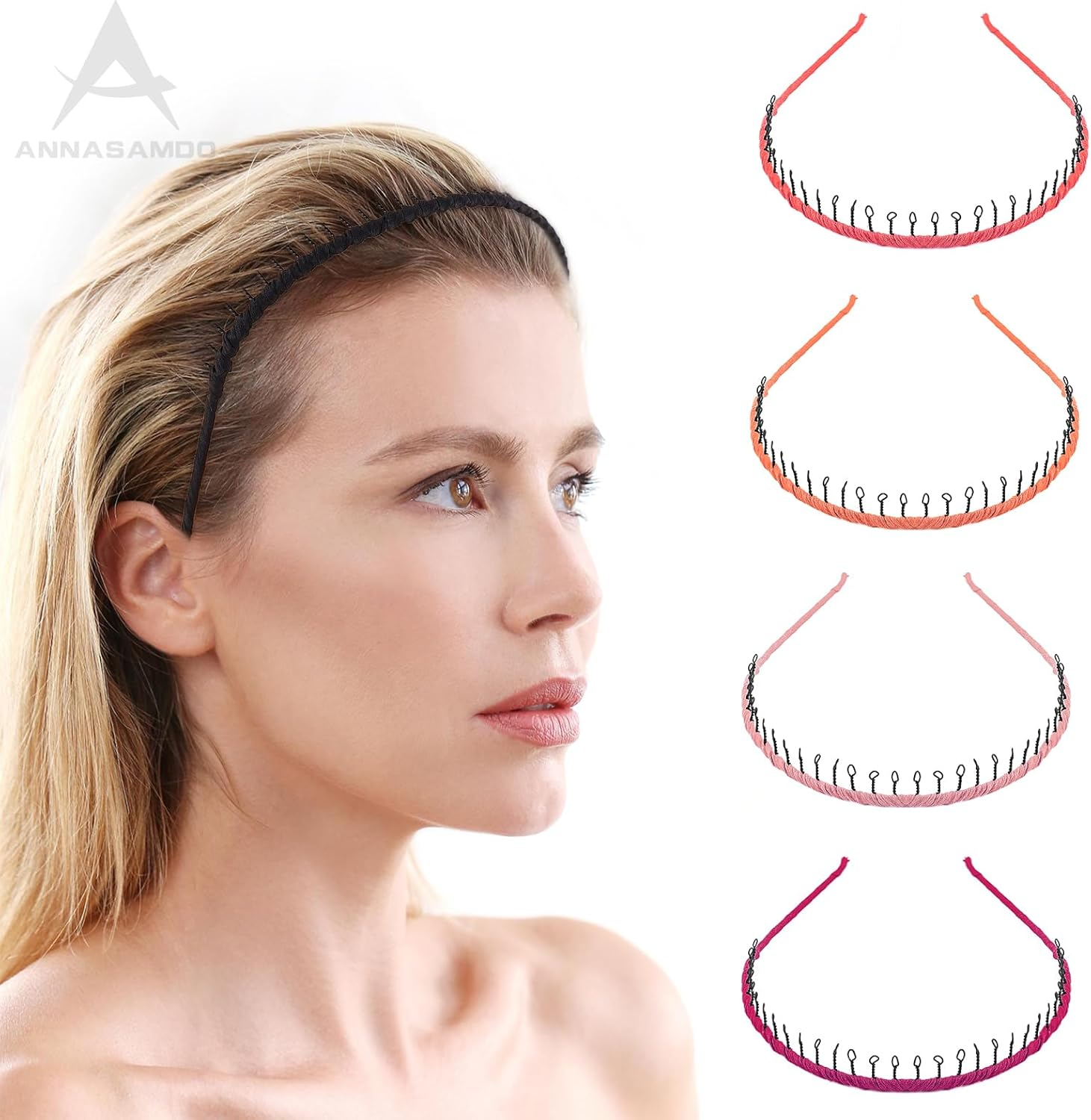 Pack of 10 Unisex Hair Bands Hair Bands Wave Metal Headband with Non-Slip Teeth Elastic Headband for Men Women for Outdoor Sports Yoga (10 Colours) image number 3