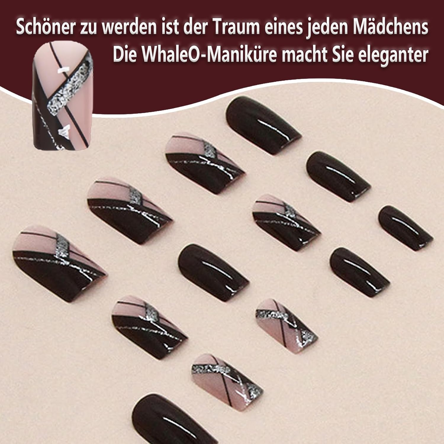 Whaleo 24 Pieces False Nails with Glue Stickers Press on Nails Press on Gel False Nails Gel False Nails Adhesive False Nails for Women Girls - Dark Red Lines image number 4