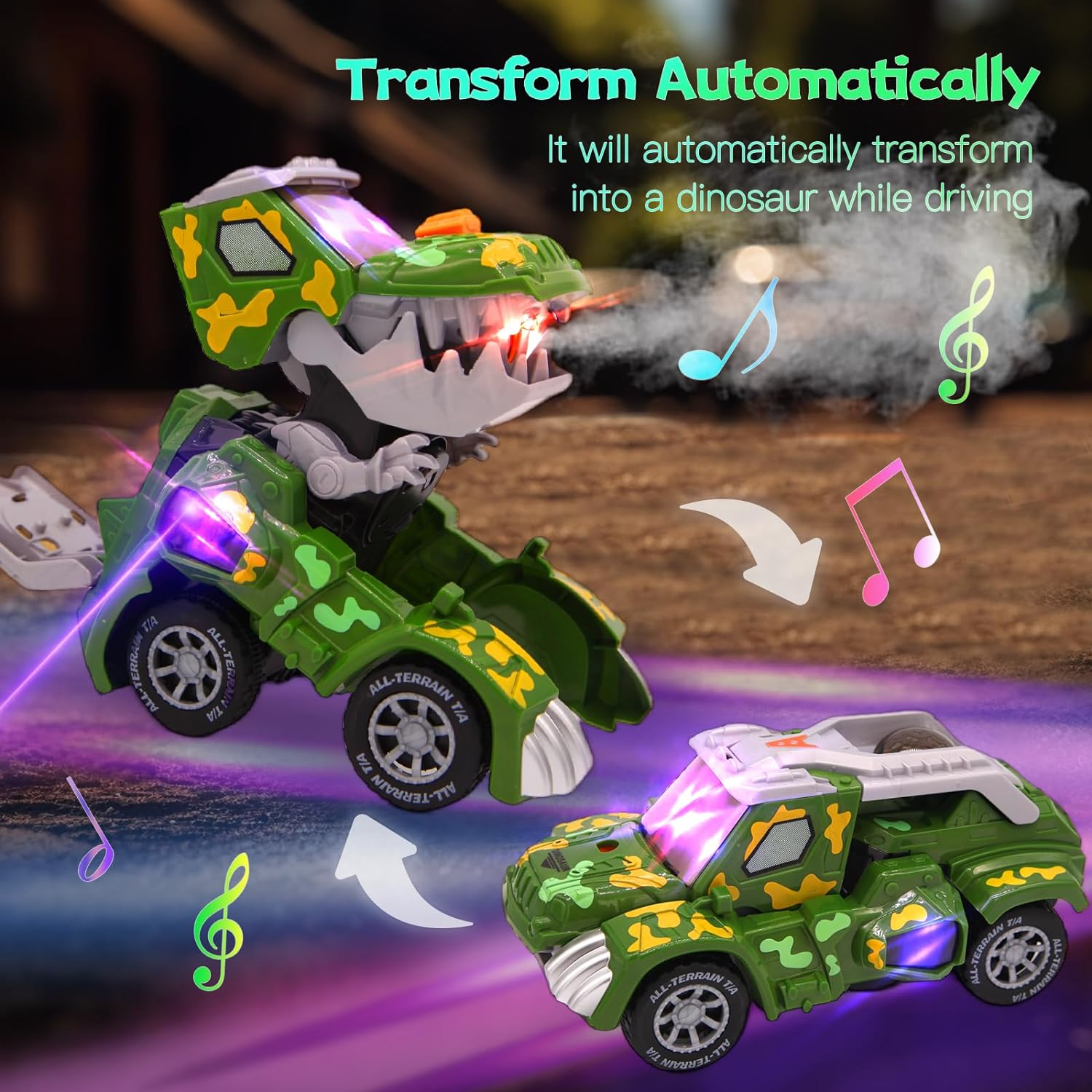 Automatic Mist Spray Dinosaur Car with Music and LED Light, Dino Cars, Deformed Dinosaur Car Toy for Kids 3-5 (Green)