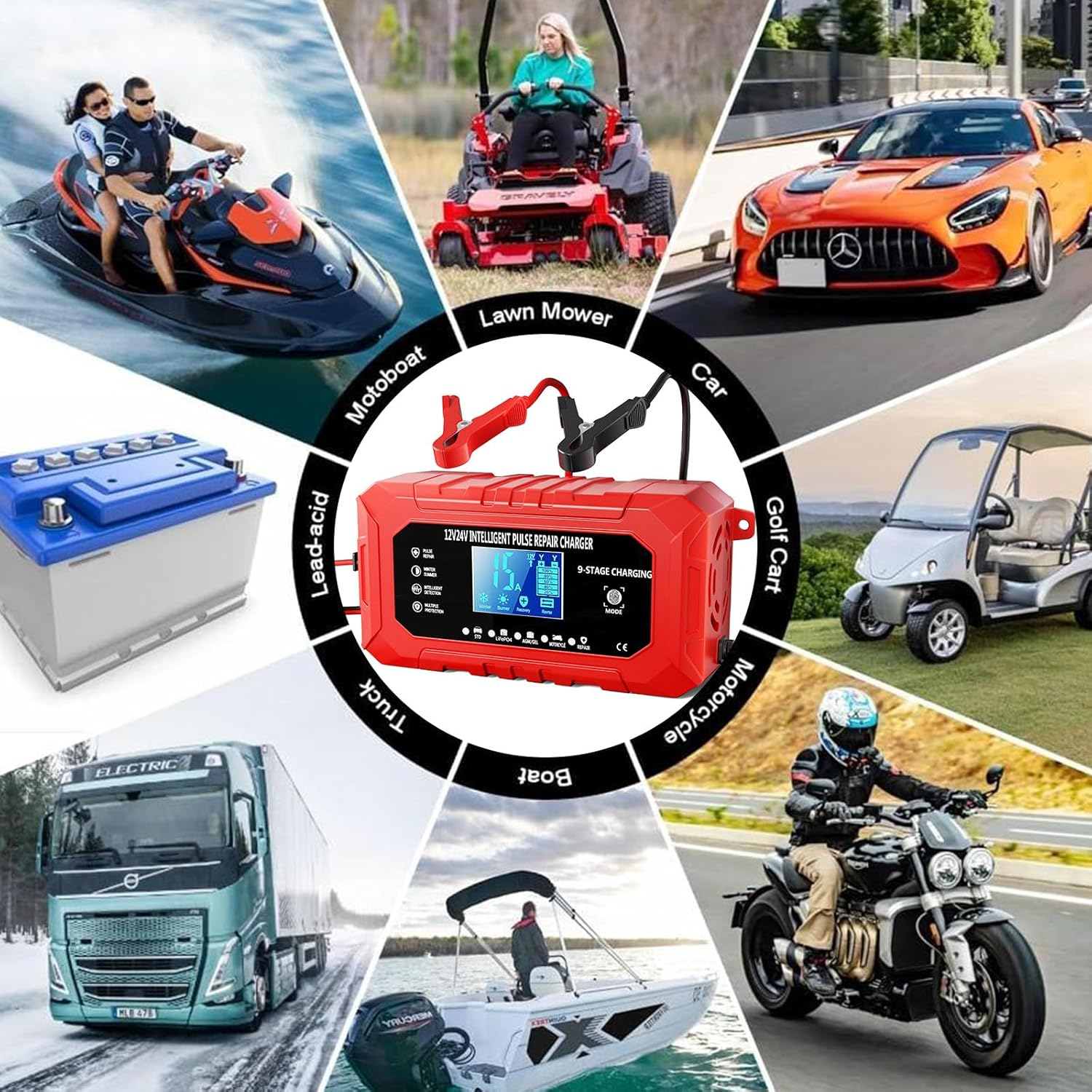 7JI 15-Amp Car Battery Charger Trickle Charger Car AU Plug, 12V/24V Smart Fully-Automatic Battery Maintainer for Car Truck Motorcycle Lawn Mower Boat Marine with Temperature Compensation LCD Display image number 3