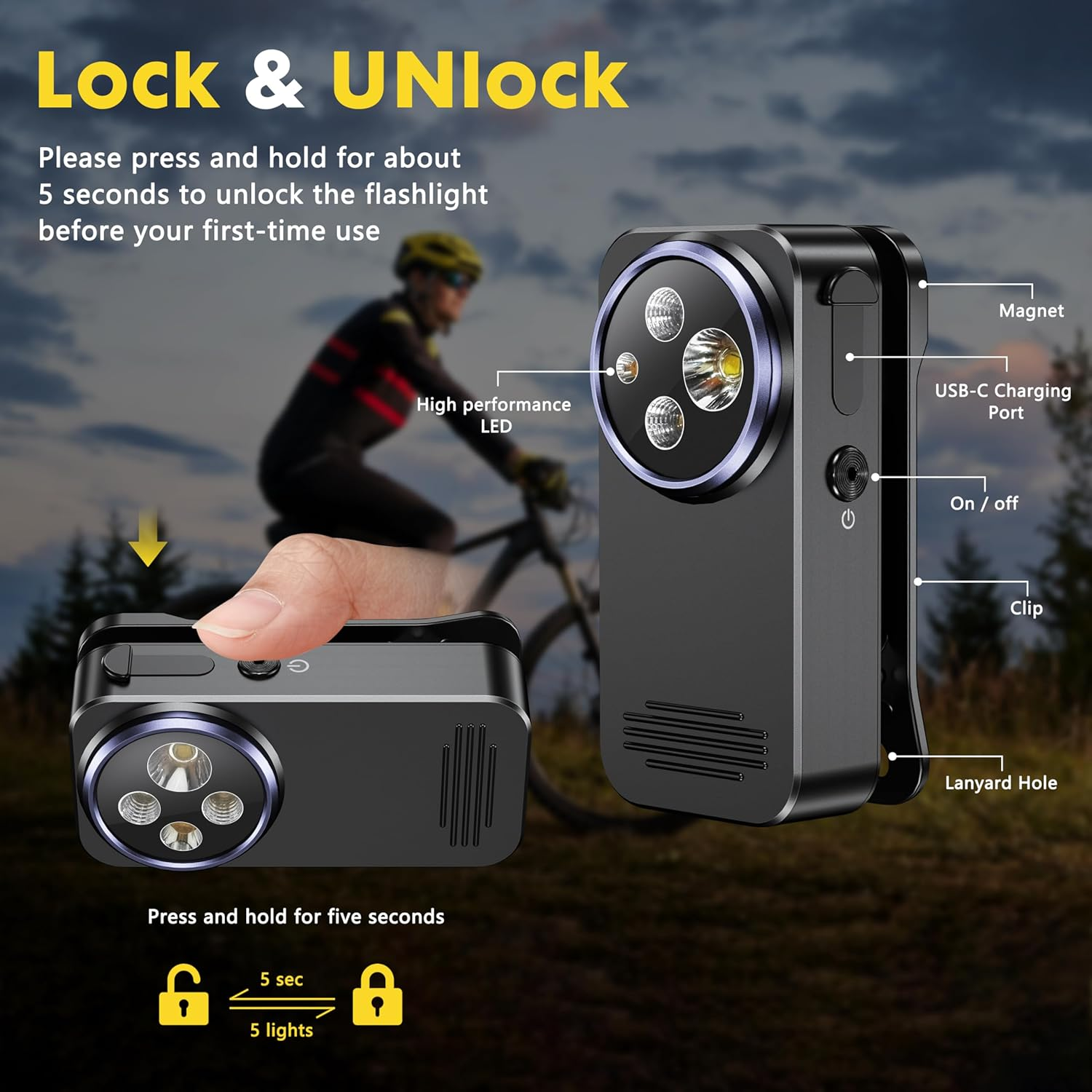 EDC Clip-On Torch 600 Lumens: 120 Meters Flashlight with Four Lighting Solutions, Rechargeable Torch, LED Light with Spring Clip Magnetic Base for Fishing, Camping & Hiking(Black)