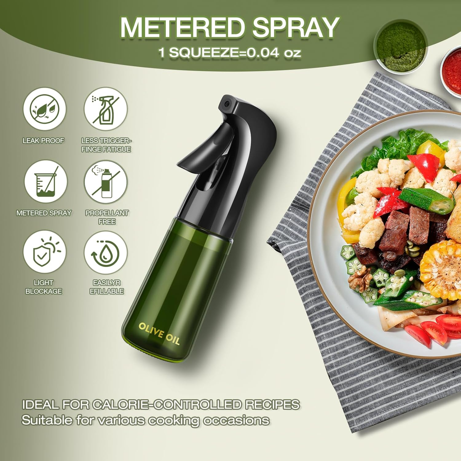 7Oz Glass Olive Oil Sprayer Bottle for Cooking, Oil Mister Spray Dispenser Bottle with Portion Control for Kitchen (Green, Light Blockage) image number 5