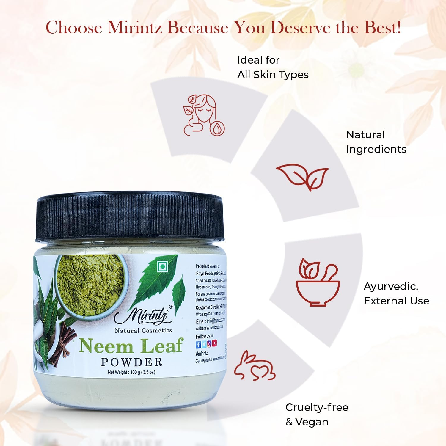 Mirintz 100% Natural Neem Powder for Hair & Skin | (100 Gms) Pure Azadirachta Indica Neem Leaves Dried | Neem Leaf Powder for Face Pack, Skin Care Mask & Hair Growth Mask | Natural Skin Care Products image number 4