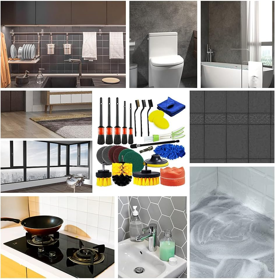 Eacam 26 PCS Drill Brush Attachments Car Detailing Brush Kit for Auto Includes Scrub Pads Sponges Detailing Brushes Washing Mitt Air Vent Brush Cleaning Cloth Household Cleaning Set for Cars Bathroom image number 6