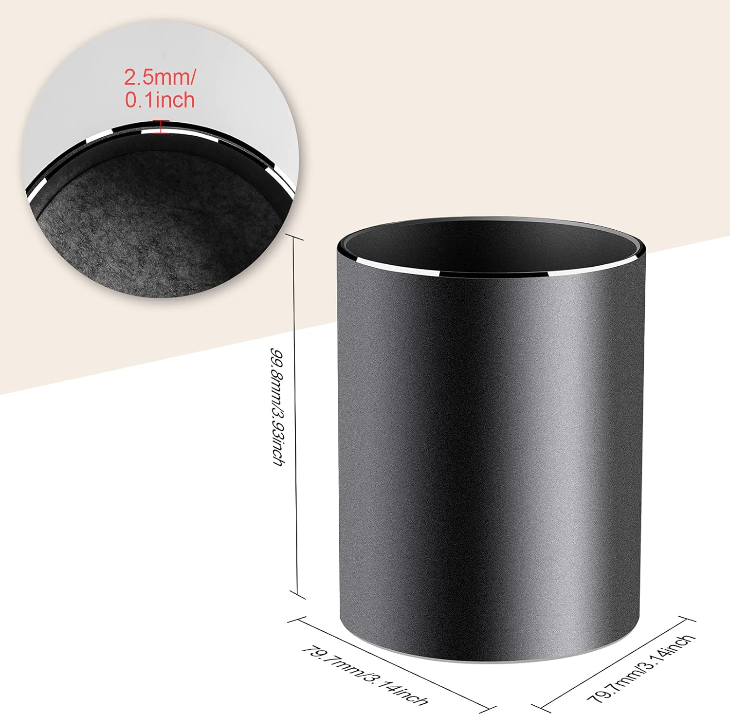 Vaydeer Metal Pen Holder Aluminum Pencil Holder for Desk, round Desktop Organizer and Black Pencil Cup for Office, School, Home and Stationary Supplies (3.15 X 3.15 X 3.94 Inches) image number 3