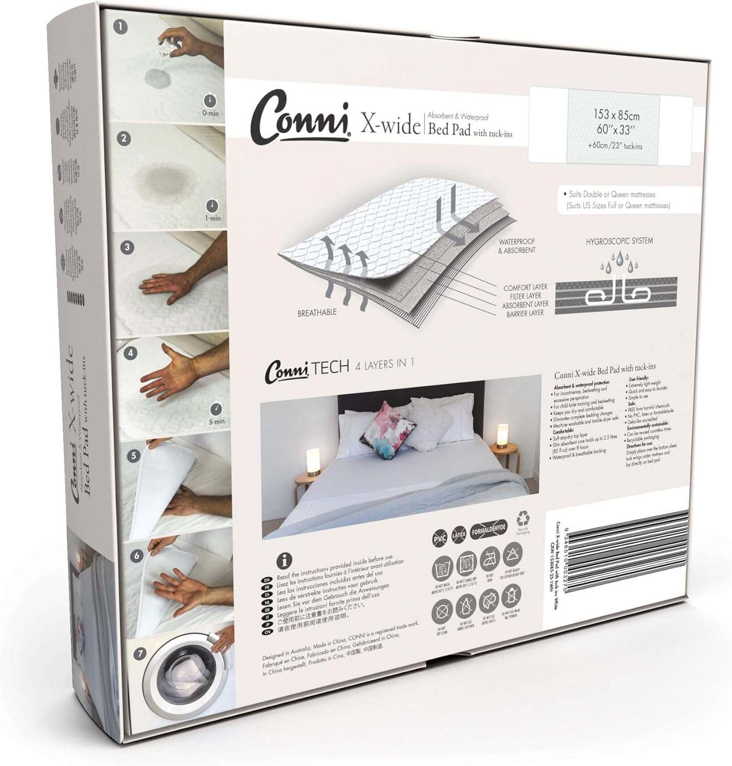 Conni X-Wide Reusable Bed Pad with Tuck-Ins, Absorbent, Waterproof and Washable Protector Pad for Incontinence, Bed Wetting and Perspiration, White, 153 X 85 Cm - Charcoal image number 5