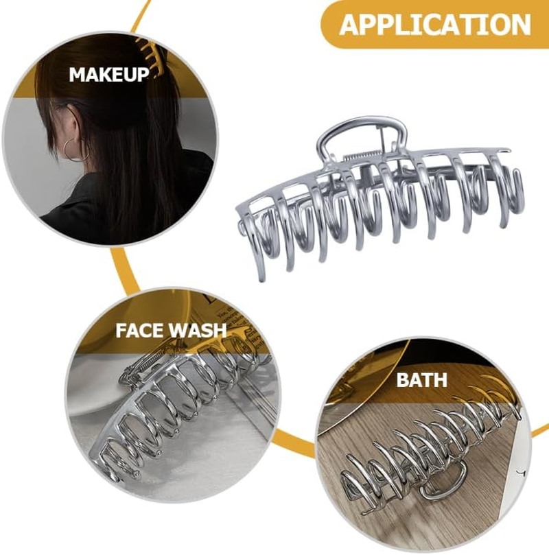 Healvian Grip Hair Clip Silver Hair Clips Large Hair Clips Claw Clips for Girls French Hair Claws Key Ring Comb Hair Updo Silver Alloy image number 4