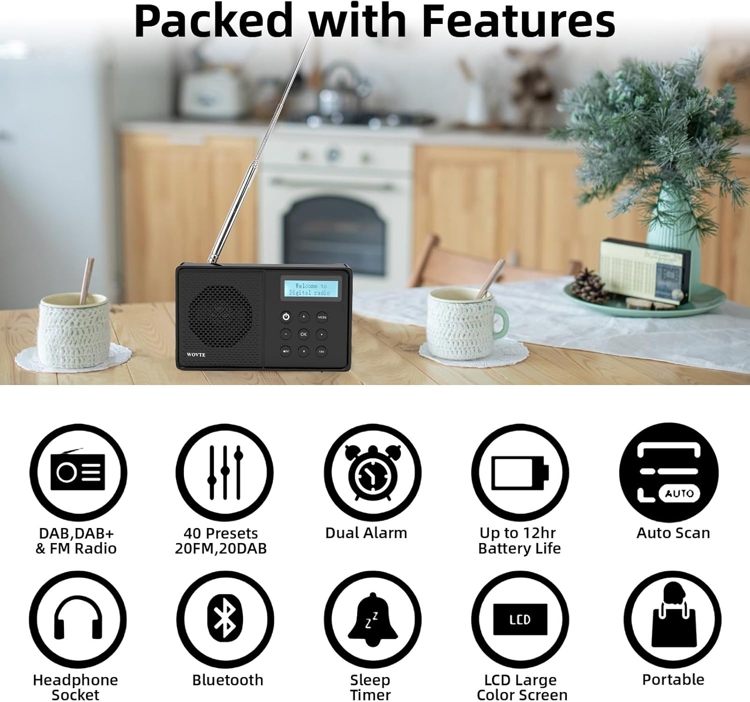 DAB Radio Portable, WOVTE DAB+ Digital Radio Rechargeable FM Radio, Small Radio with Bluetooth, DAB Radio Mains Powered or Battery with 40 Presets LED Display Alarm Clock Sleep Timer Headphone Socket image number 3