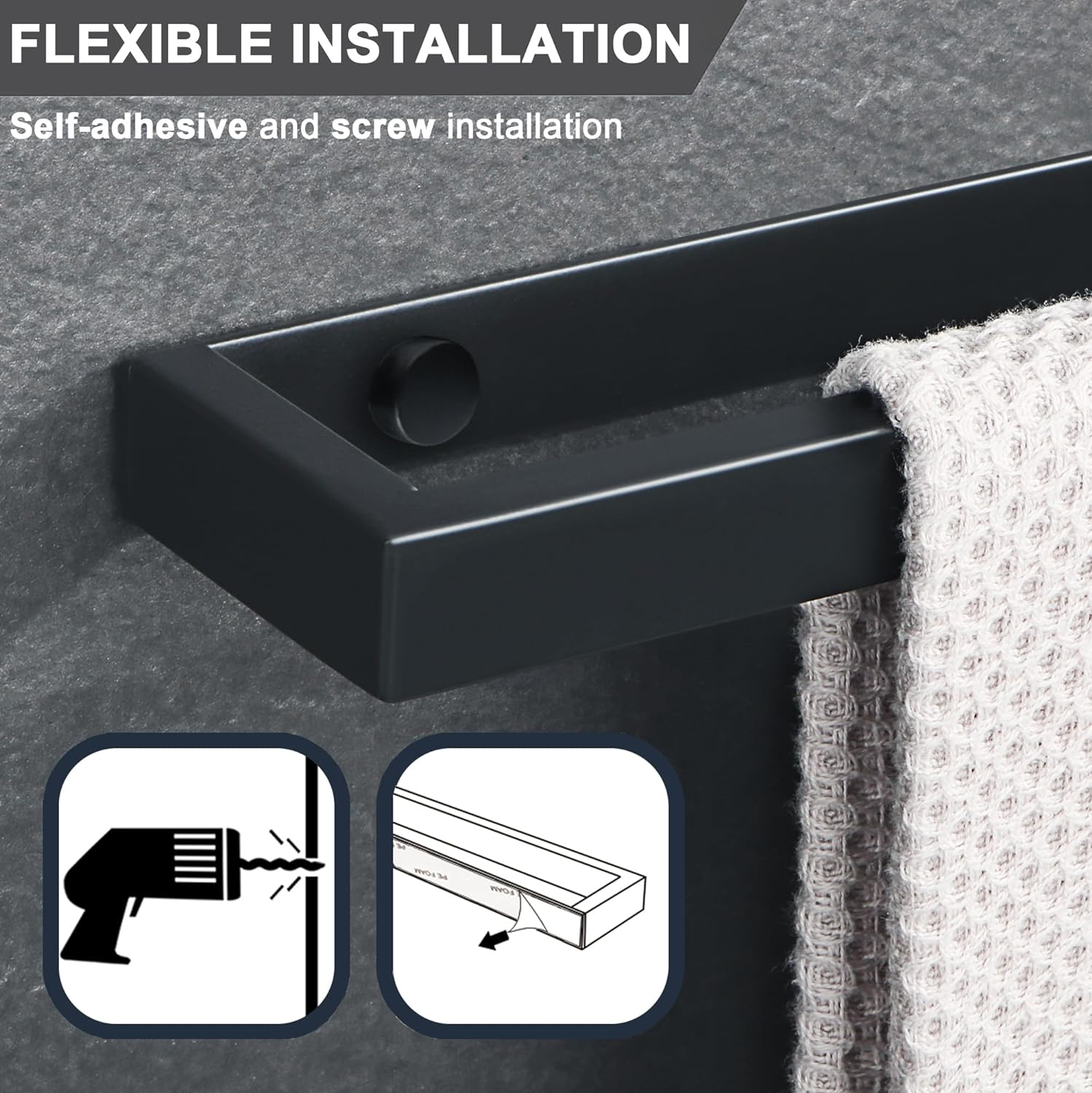 SAYAYO Towel Bar for Bathroom Black, 12 Inch Hand Towel Holder Self Adhesive Towel Rack Sticky Stainless Steel Wall Mounted, No Drill image number 3