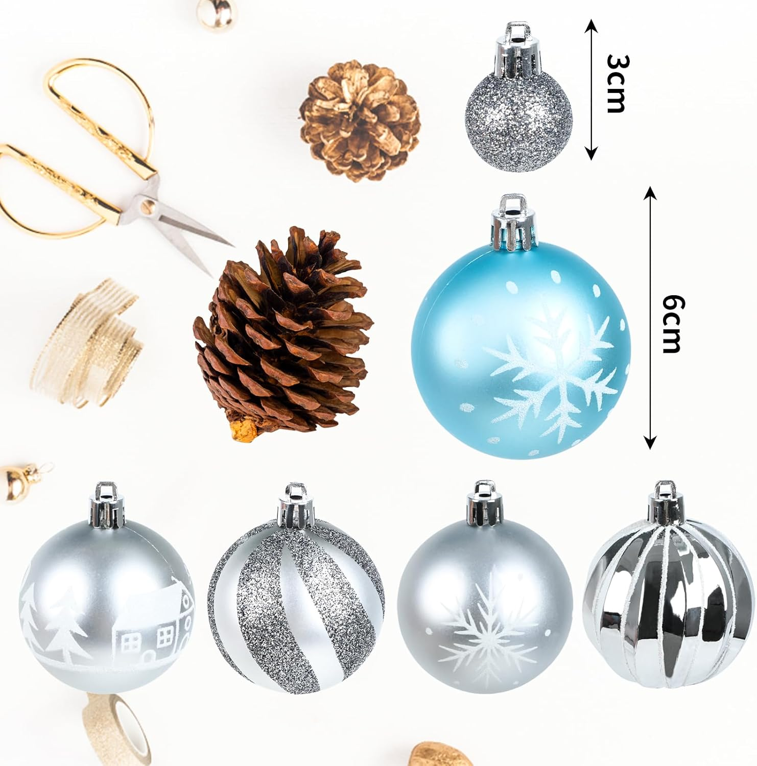 Christmas Tree Baubles, Set of 44, 6 Cm and 3 Cm Christmas Tree Baubles, Christmas Tree Decorations, Christmas Baubles, Blue Silver Tree Baubles for Indoor, Outdoor, Christmas Tree Decoration image number 4