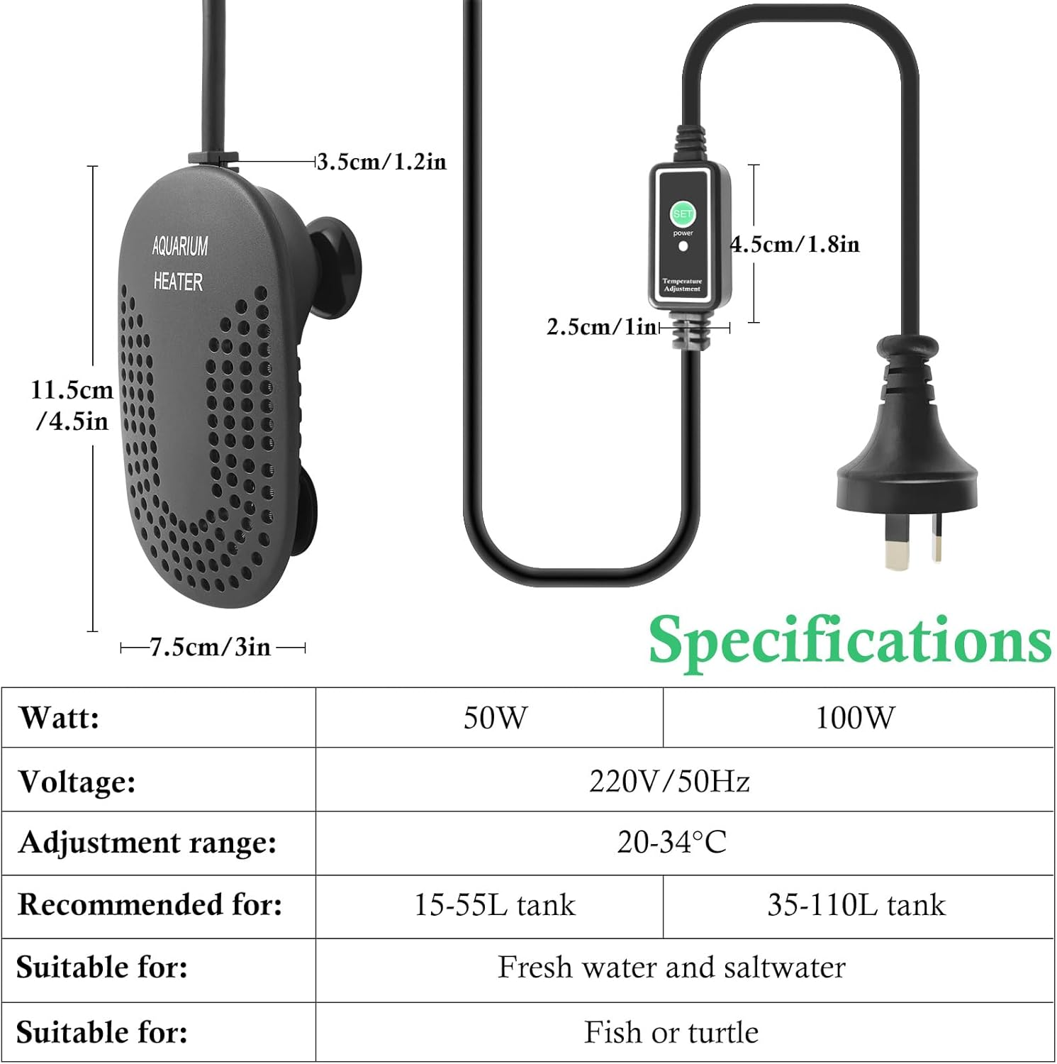 Mini Aquarium Heater 50W 100W, Submersible Fish Tank Heater with External Controller, Shatterproof Heater for 15-110L Fish and Turtle Tank, Betta Heater for Saltwater and Fresh Water (100W) image number 2
