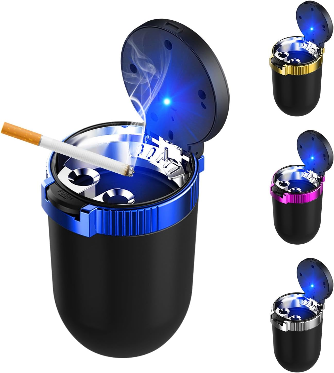 Car Ashtray with Lid, Detachable Stainless Steel Ash Tray with LED Blue Light, Portable Mini Vehicle Cup Holder Trash Can Smell Proof Ashtray Cup, Universal Car Accessories (Blue)