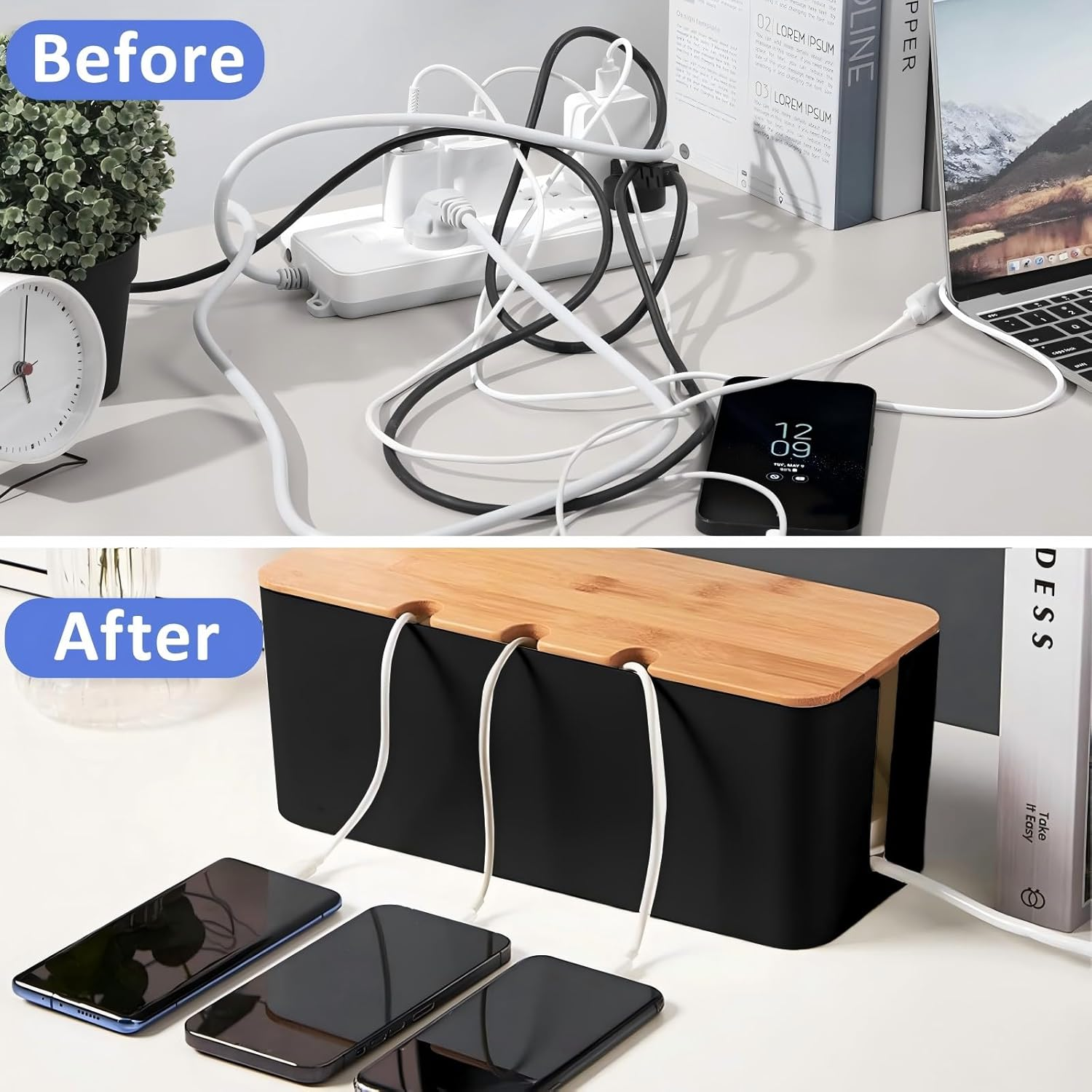 3 PCS Cable Management Box with Bamboo Lid, for TV, Computer, Router, USB Hub and under Desk Power Strip, Safe ABS Material and Baby-Pets Proof Lock, with 10 Cable Ties & 16 Multi-Hole Hubs (Black) image number 3