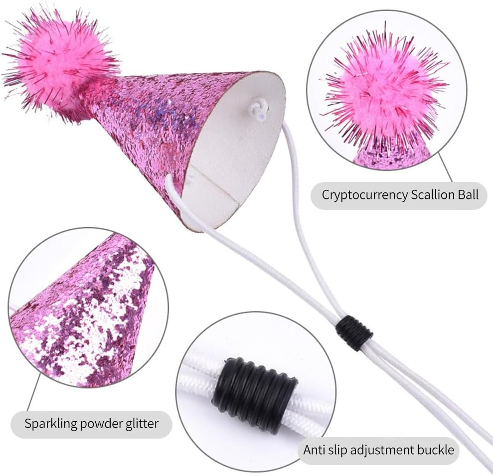 10 Packs Cat Birthday Hat, Dog Party Hats, Multi-Color Cat Hats, Mini Party Hats, Pompoms Shiny Birthday Party Adjustable Headbands Birthda for Small Animals Friends (Chroma)