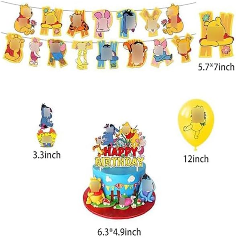 Buosha Winnie the Pooh Birthday Decoration Pack: Banner, 16 Balloons, 13 Cake Toppers - Yellow Winnie the Pooh Character Balloons image number 4