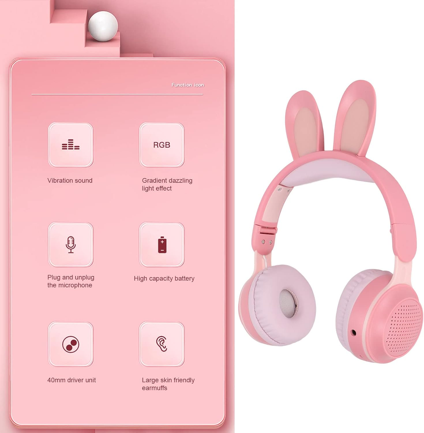 ASHATA Foldable Bluetooth 5.0 Headphones with Microphone, Cute Rabbit Ear, Wireless, Over-Ear Headphones for Green Children, Teenagers, Adults, 12 Hours Listening Time, Tf/Aux, Built-In in 7 Models, image number 4