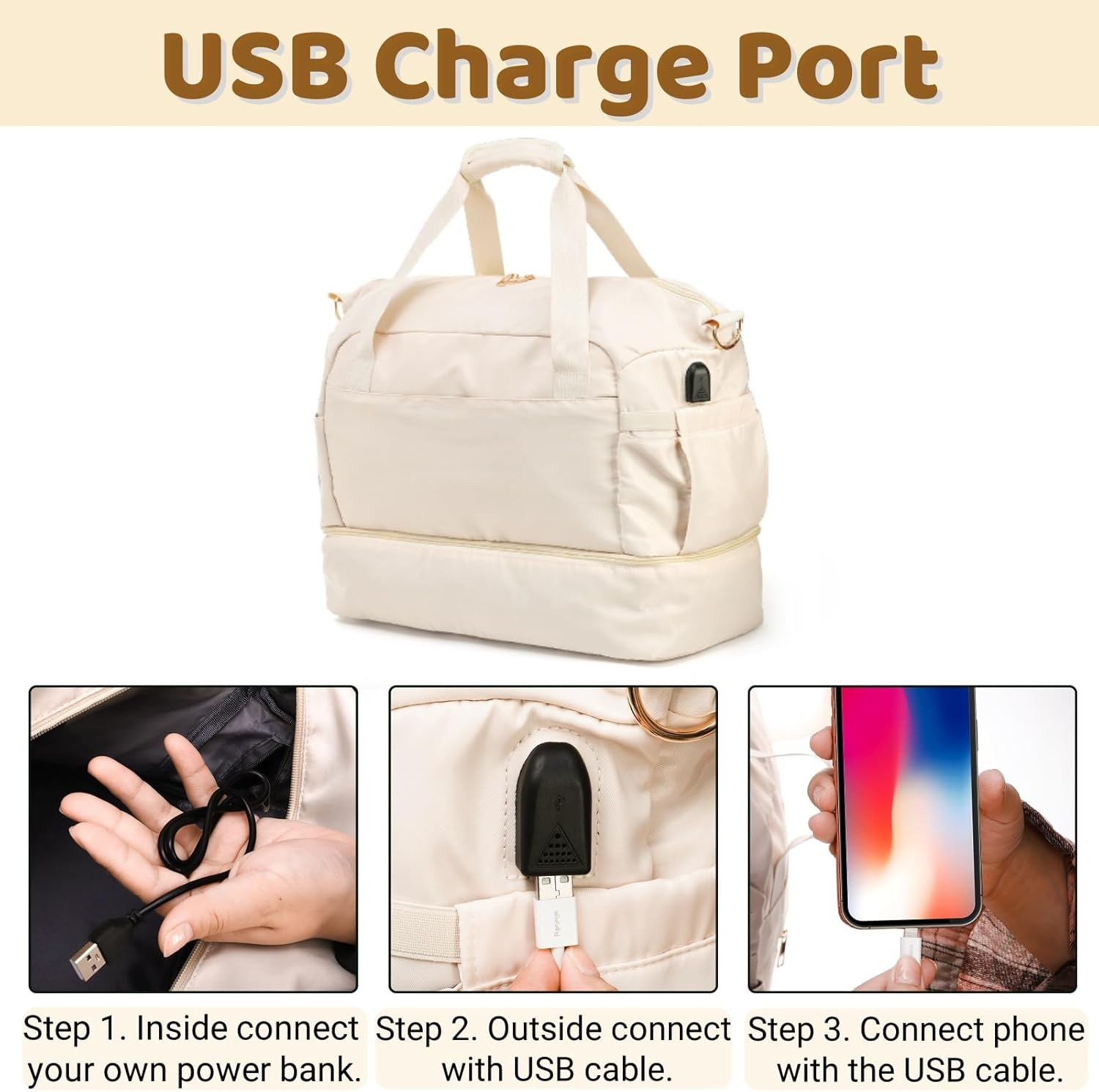 Noamus 2 Pcs Weekender for Women, Cute Travel Duffle with Shoe Compartment, Beige Overnight Gym Toiletry Bag for Luggage Carry On, Hospital Maternity, Labor Delivery, Airplanes, Beige image number 5